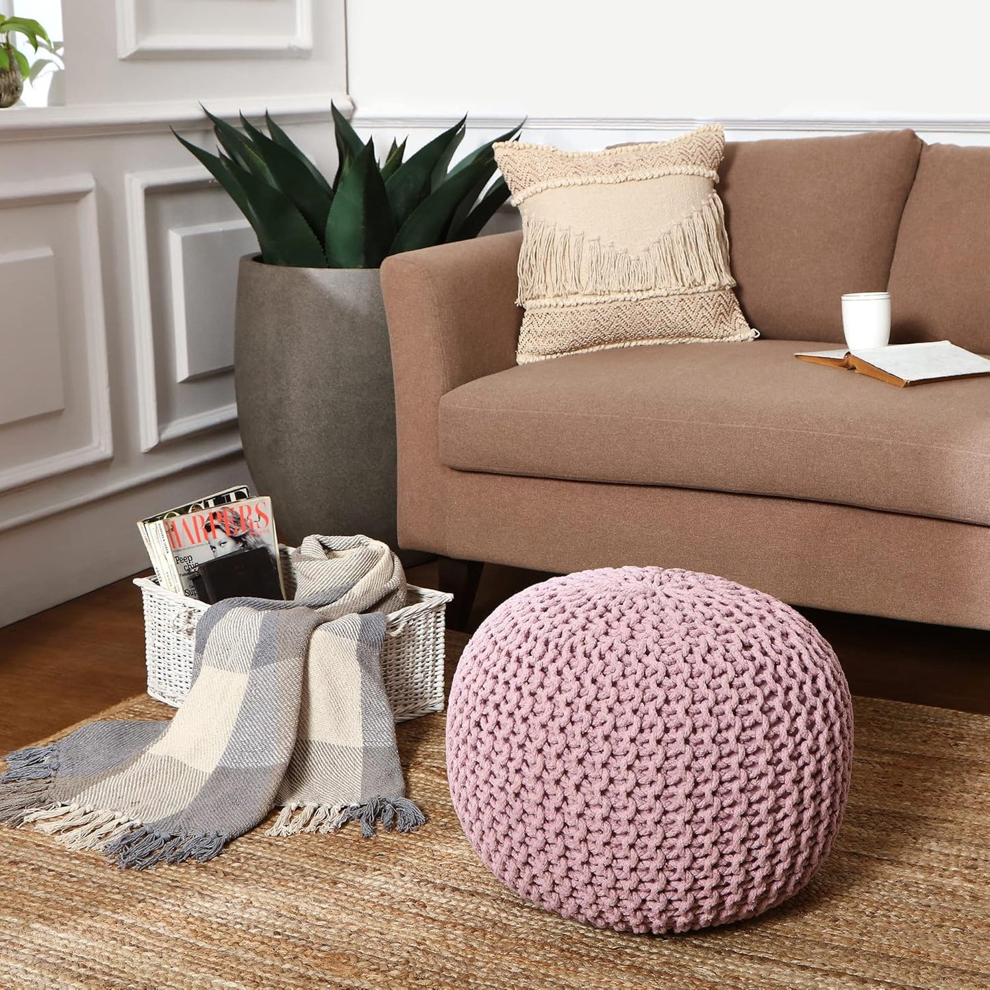 REDEARTH Round Pouf Ottoman - Hand Knitted Boho Poof Home Décor Pouffe Circular Footrest for Living Room - Bedroom - Lounge - 100% Cotton (19.5"x19.5"x14") - Pale Pink