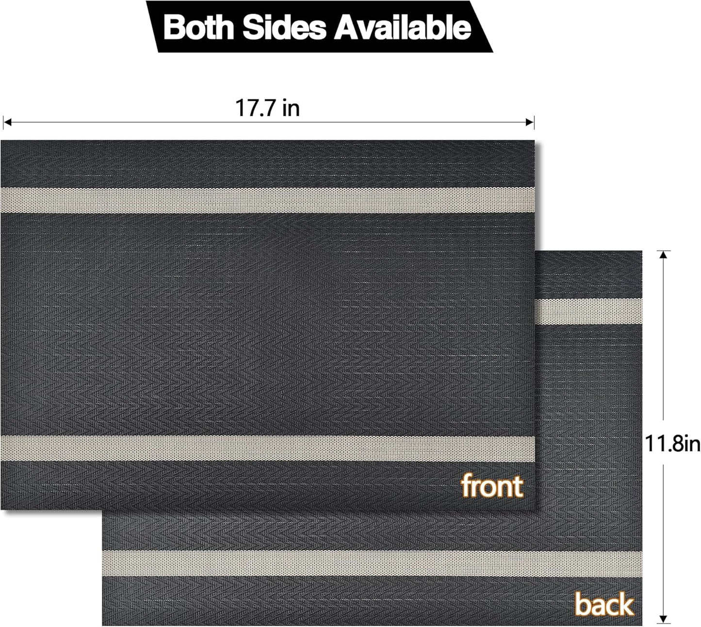 Black Placemats Set of 4 - Easy Clean Modern Durable Washable Vinyl Place Mats - Heat Resistant Placemats for Kitchen Table - PVC Table Mats for Dining Table (Black with Stripes, 4)