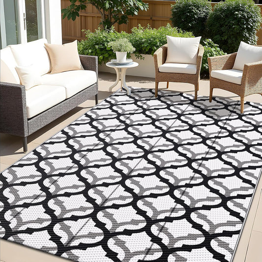 OLANLY Reversible Outdoor Rug 5x8 ft Clearance, Waterproof Outdoor Plastic Straw Rug with Interlacing Pattern, RV Mat for Patio, Camping, Balcony, Deck, Backyard, Black & White