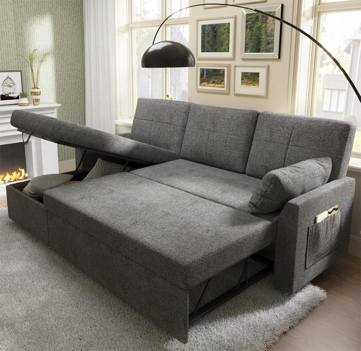 VanAcc Sleeper Sofa, Sofa Bed- 2 in 1 Pull Out Couch Bed with Storage Chaise, Sleeper Couch for Living Room, Grey Linen