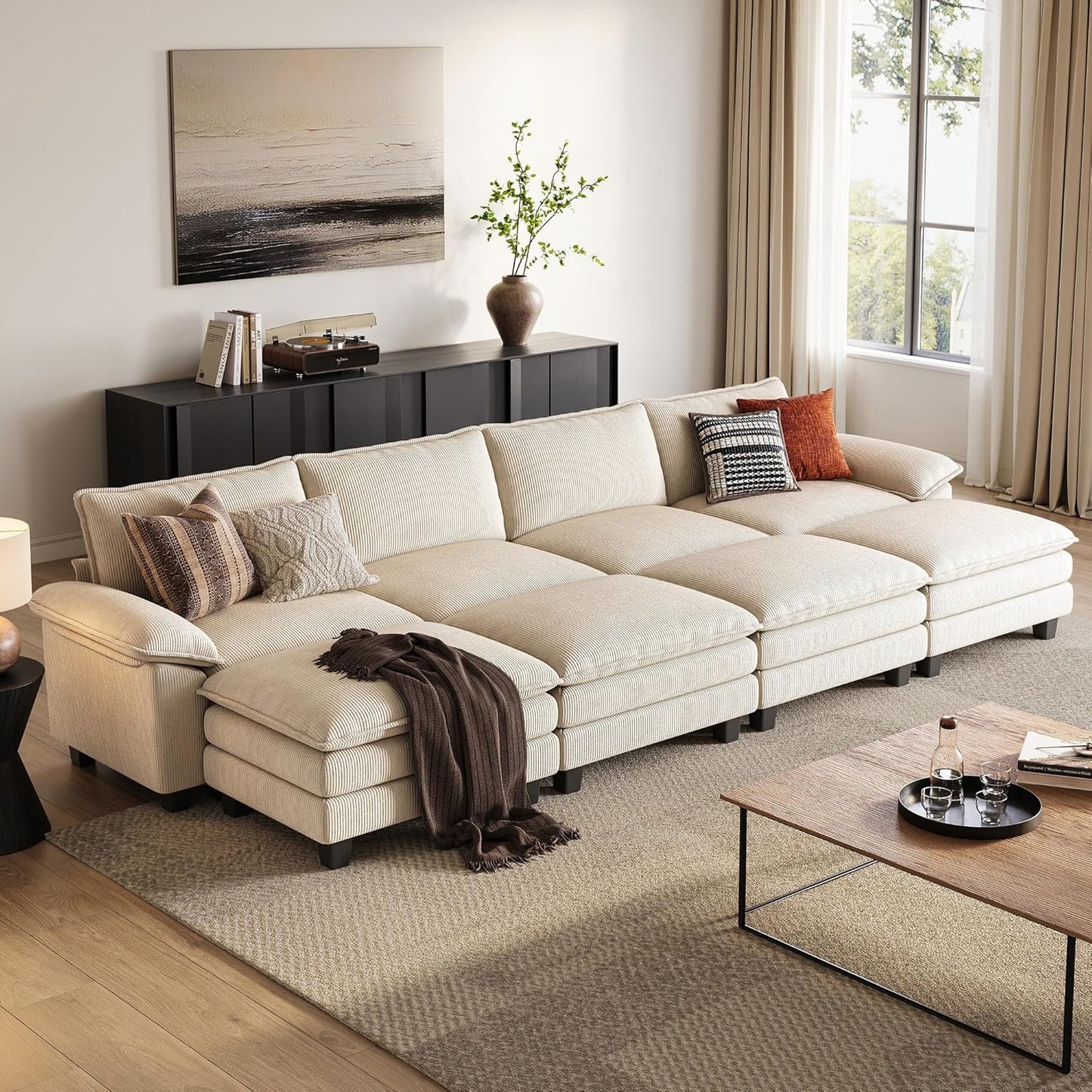 LINSY HOME Modular Sectional Sofa - 157'' Sleeper Sofa Cloud Couch Oversized Corduroy Sofa Bed with Movable Ottoman Soft Modern Comfy Couch for Living Room Apartment Office, Beige