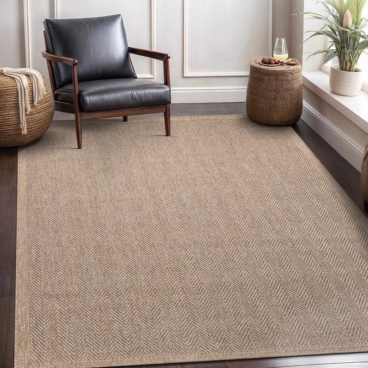 CAMILSON Easy Jute Rug 8x10, Indoor Outdoor Natural Color Fiber Area Rugs for Living Room and Patio Rug Herringbone Seagrass Boho Woven Design Easy-Cleaning Washable Outside Carpet Alfombras 8 x 10