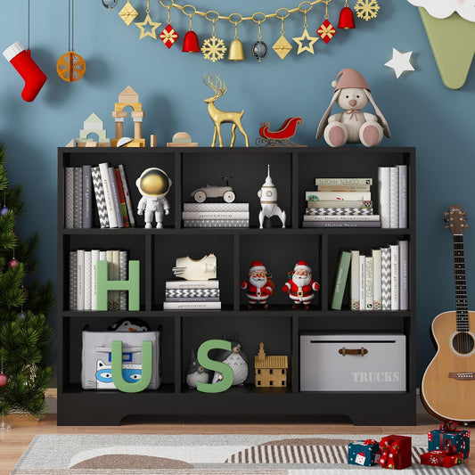 Book Shelf, 10 Cubes Storage Organizer, 3-Tier Open Shelf Wooden Bookcase, Freestanding Balck Bookshelf Cube Shelf for Bedroom, Living Room, Home Office