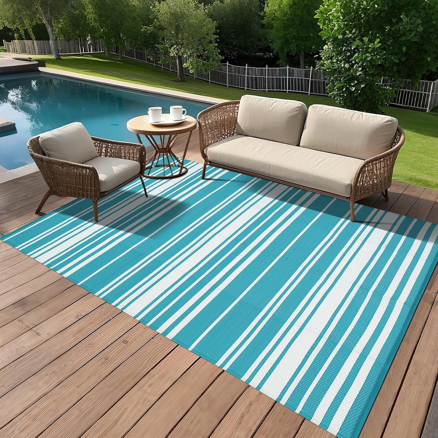 Waterproof Outdoor Rug 8x10 Contemporary Reversible Plastic Straw Rug, Easy Cleaning Striped Patio Carpet, UV-Resistant Indoor Outdoor Floor Cover for RV, Porch, Deck, Backyard, Light Blue