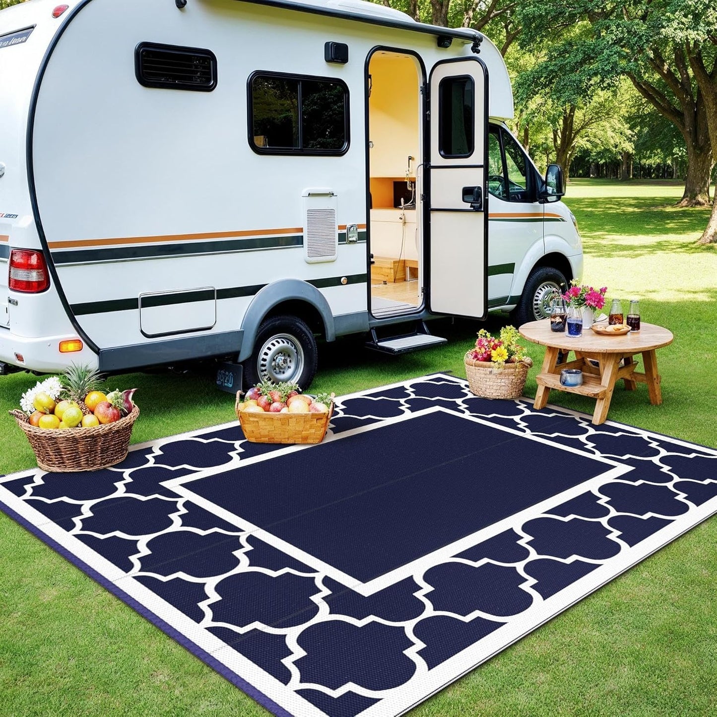 GENIMO Outdoor Rug Waterproof for Patio Decor, 8'x10' Reversible Plastic Straw Rug Carpet, Camping Mats for Outdoor, RV, Backyard, Deck, Balcony, Picnic, Blue & White