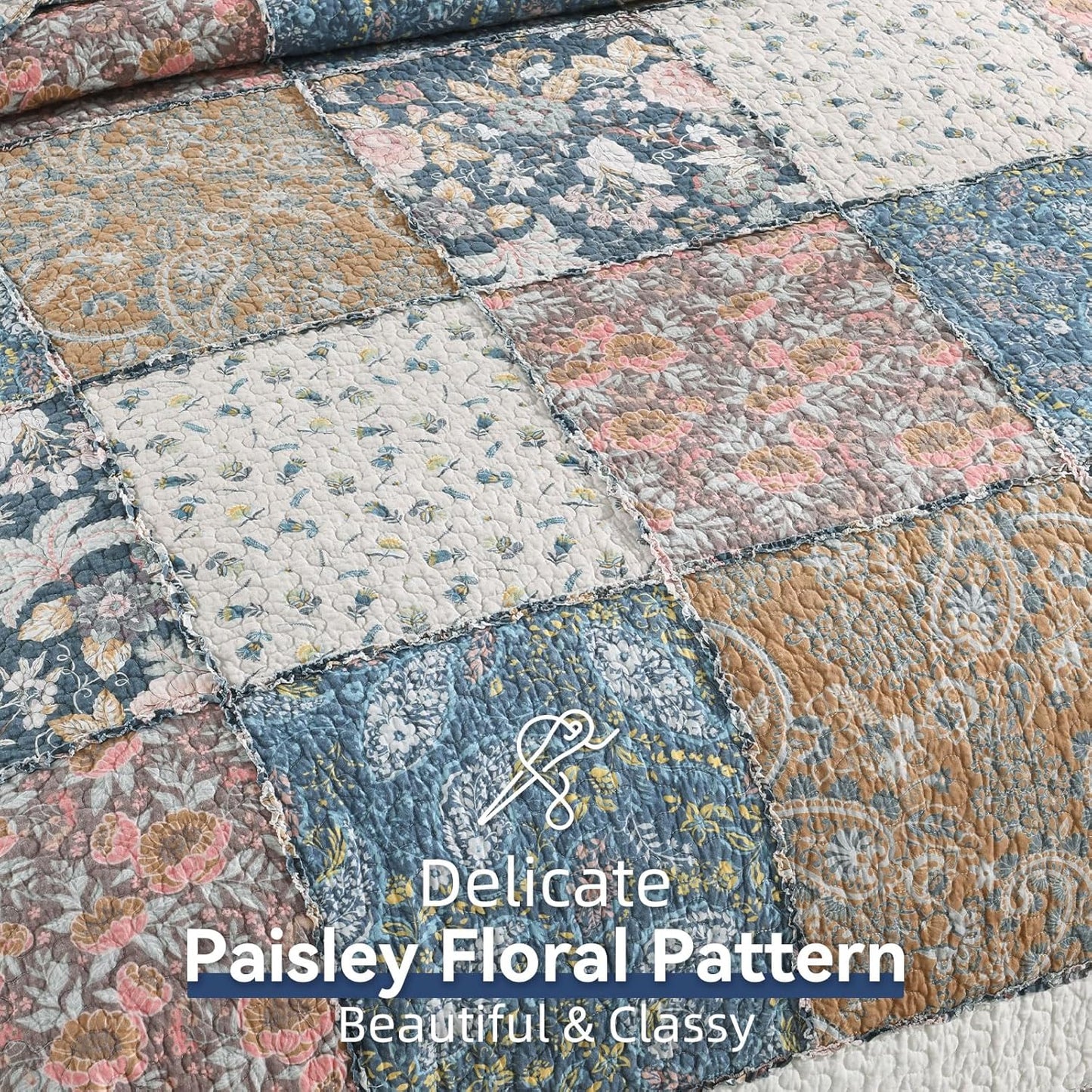 Yvooxny 3-Piece Quilt Set King Size Quilted Bedspread Reversible Country Style Blue Floral Paisley Real Patchwork Bedding Quilt Set with Ruffles with Pillowcases for All Seasons, 108 * 96 Inches