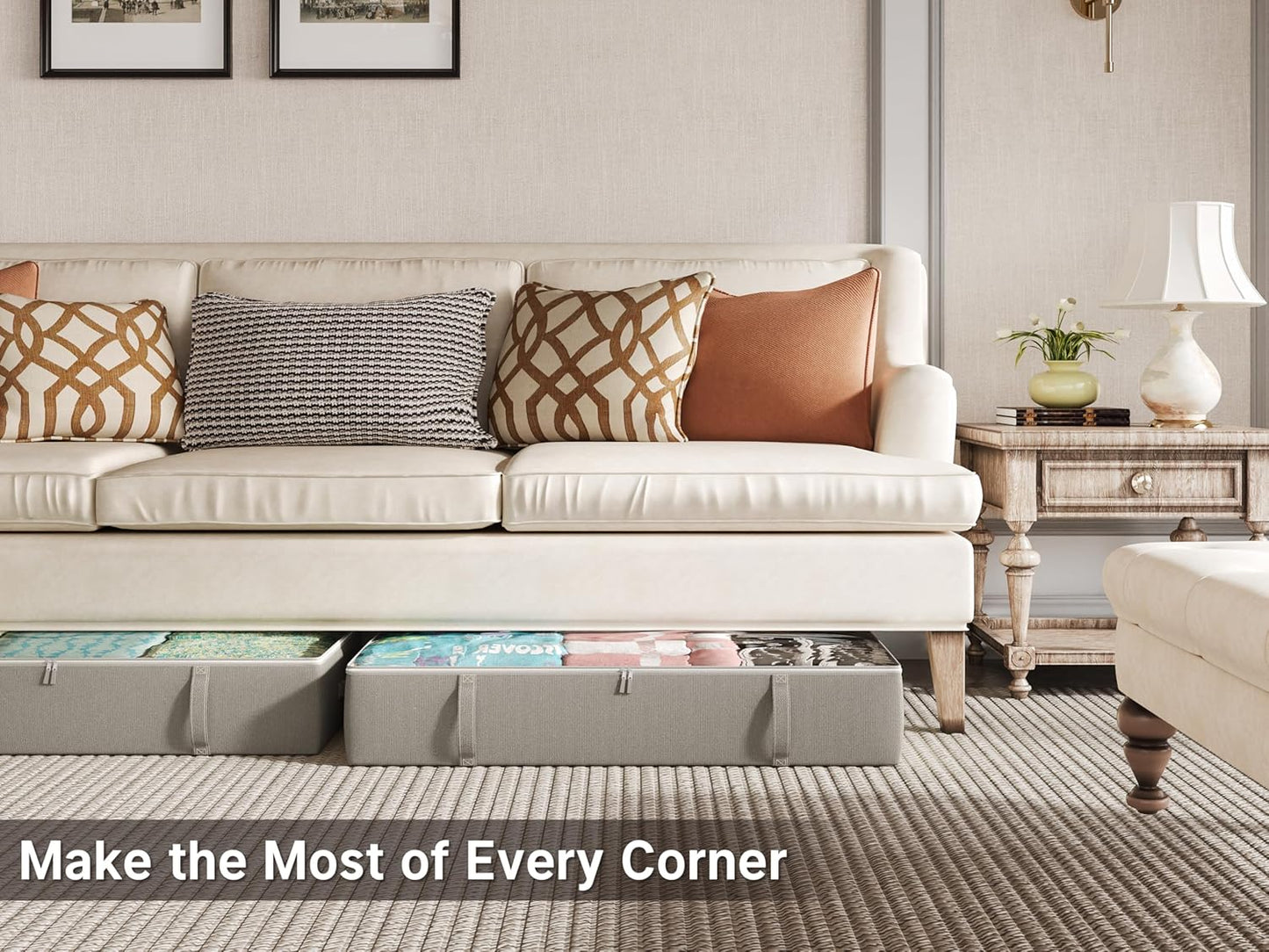 2-Pack Under Bed Storage Containers, 8 Inches Tall Underbed Clothes Storage Organizer Bin with Sturdy Sidewalls/Bottom, Under the Bed Storage Bags 2 Storage Bins, Light Grey