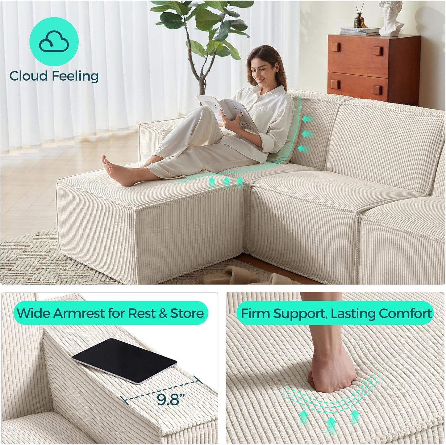 LINSY HOME Oversized Modular Sectional Sofa, 105" Cloud Couch L Shaped 3-Seat Sofa with 2 Movable Ottomans, Corduroy Sectional Couches for Living Room, No Assembly Required, Beige