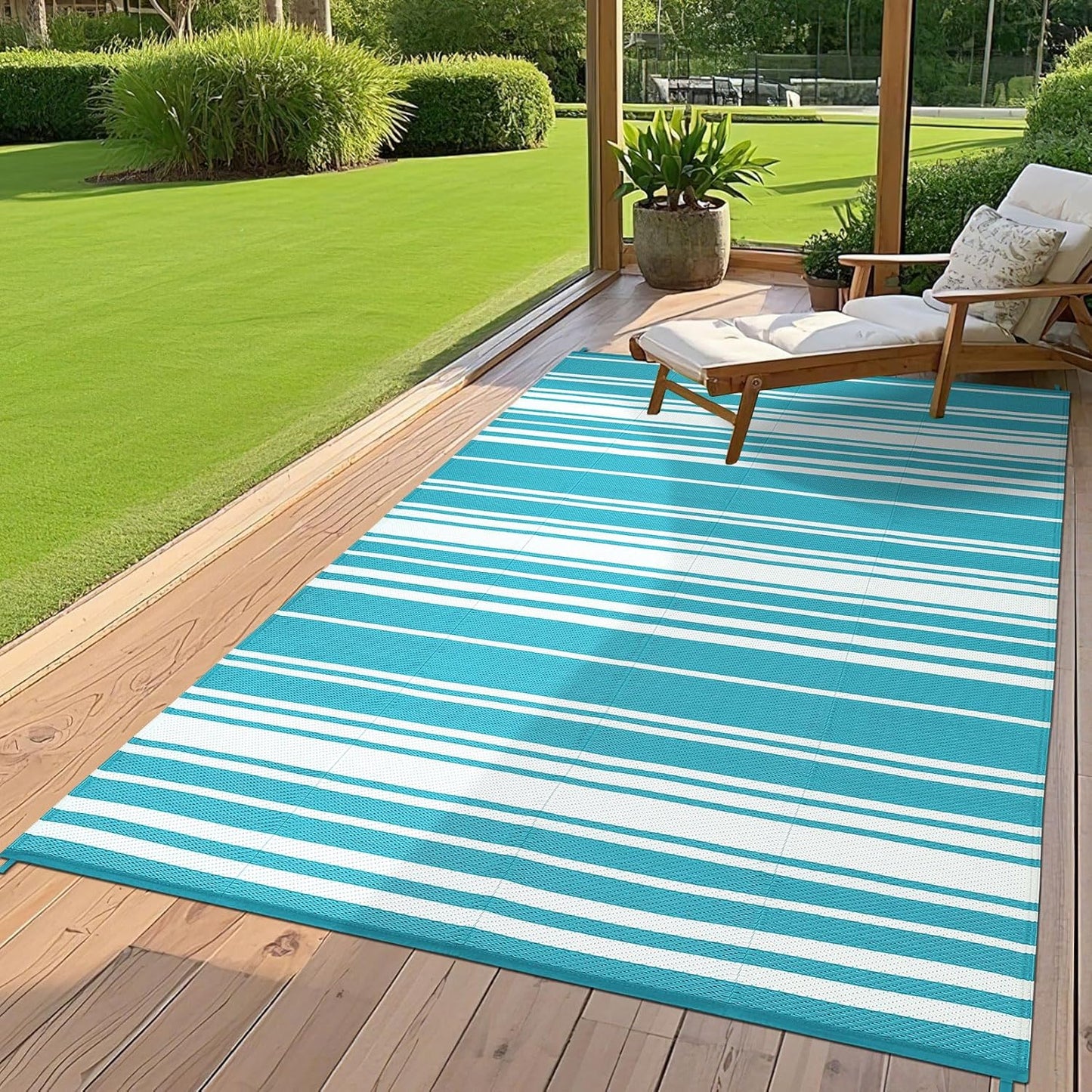 Outdoor Plastic Straw Rug 9x18 Waterproof Outside Rug, Large Modern Striped Reversible Floor Mats, Foldable & Lightweight Camping Carpet for Patio, Porch, Deck, Backyard, Balcony, Light Blue