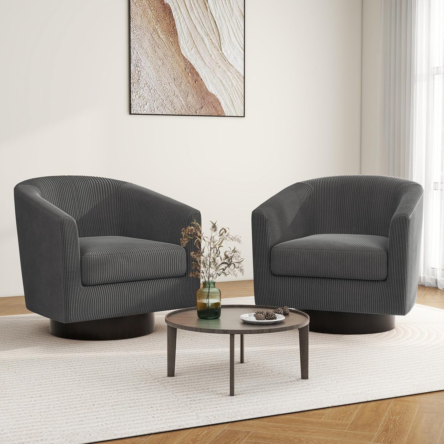 Swivel Barrel Accent Chair, Modern Round Corduroy Fabric Arm Chair for Living Room, Bedroom, Comfy Club Reading Chairs for Adults (Corduroy Grey, Set of 2)