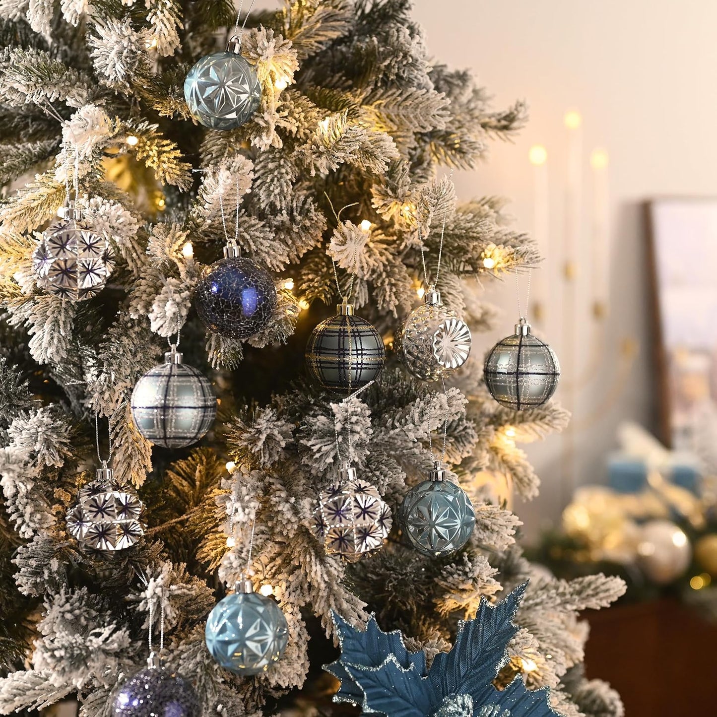 Valery Madelyn Ornaments for Christmas Trees, 16ct 2.36 Inches Navy Blue and Silver Shatterproof Christmas Tree Decorations, Luxury Hanging Ball Ornaments for Xmas Holiday Party Decor