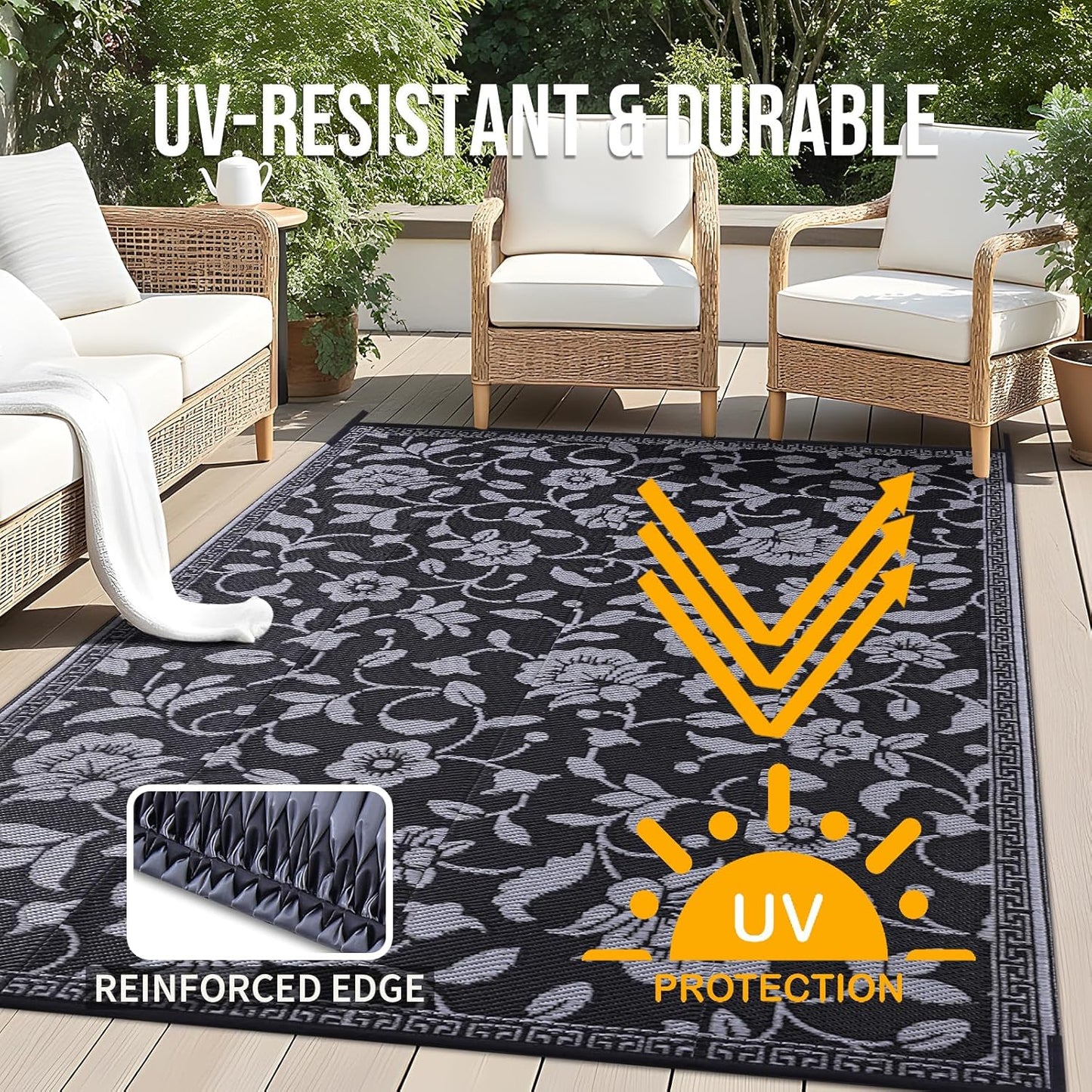 OLANLY Waterproof Outdoor Rug 8x10 ft, Outdoor Plastic Straw Rug with Flower Pattern, Reversible RV Mat for Patio, Camping, Balcony, Deck, Backyard, Black & Grey