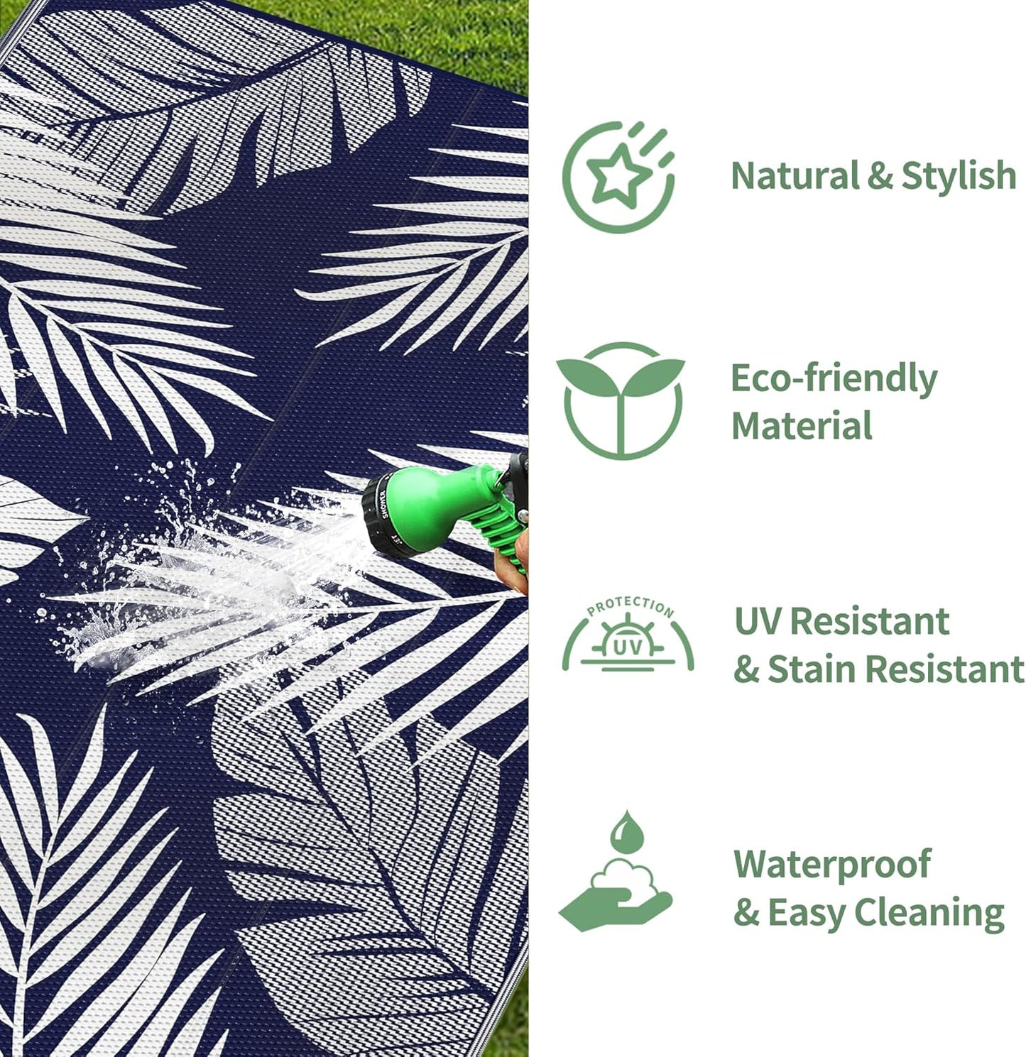 GENIMO Outdoor Rug 9' x 12' Waterproof for Patios Clearance, Reversible Outdoor Plastic Straw Camping Rug Carpet, Large Area Rugs Mats for RV, Camper, Deck, Balcony, Porch, Beach, Navy Blue&White