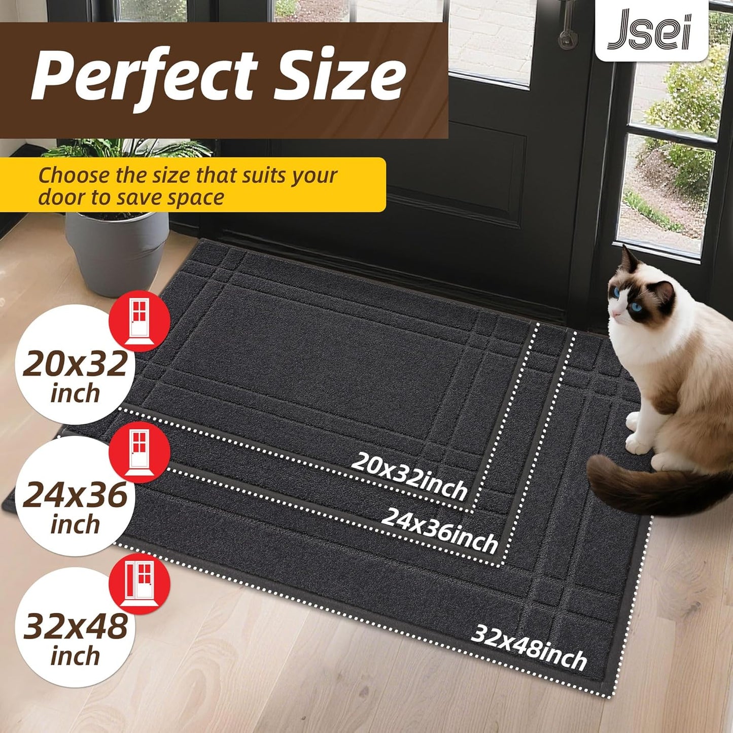 JSEI Entryway Rugs Doormat 20"x32", Non-Slip Dirt Trapper Door Mats Indoor, Washable Absorbent and Stain Resist Welcome Floor Mat for Front Door, Dog Door Mat, Muddy Wet Shoes & Paws, Dark Grey