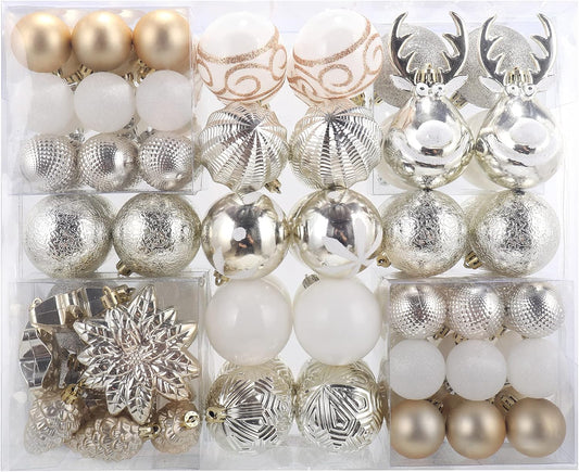 100-Pack Various Shatterproof Christmas Balls, Christmas Decorative Ball Ornaments for Xmas Tree- Champagne Gold