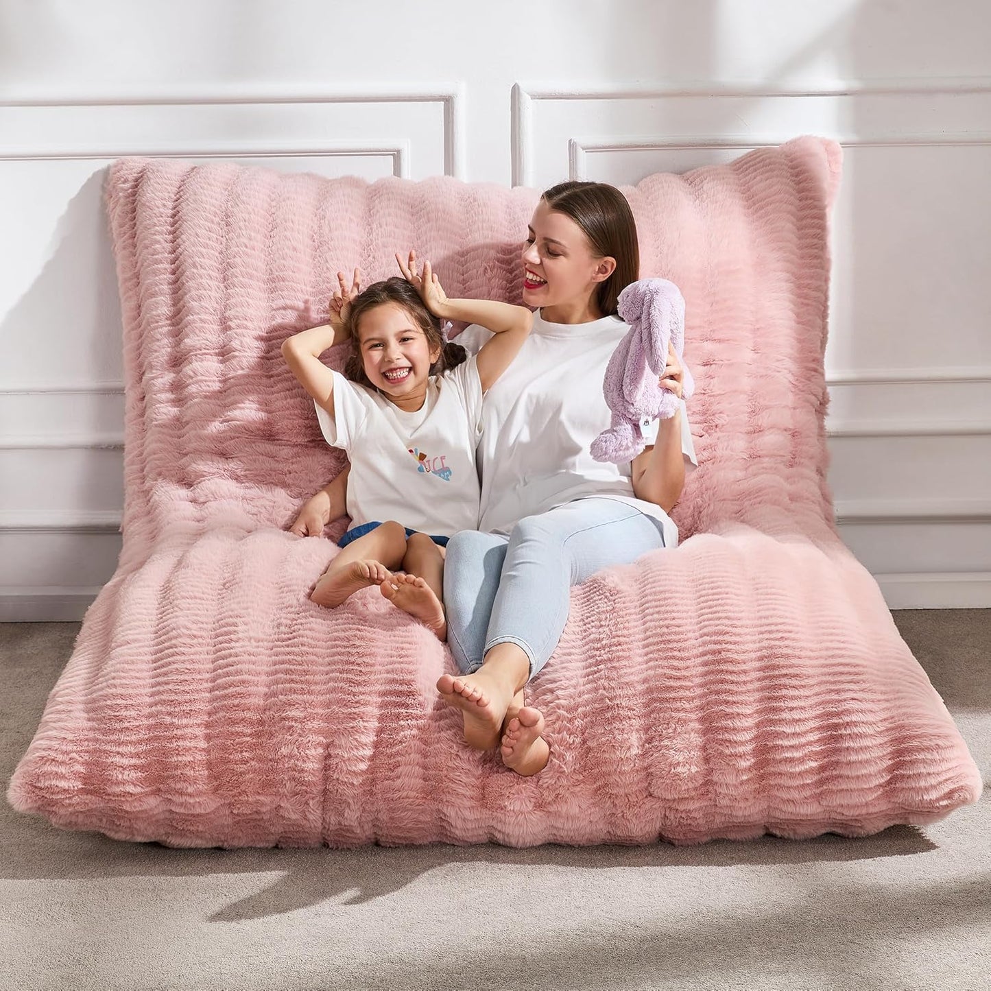 Hobestluk 3 in 1 Bean Bag Chair Giant Bean Bag Chairs for Adults with Ripple Cover Convertible Bean Bag Floor Cushion with Machine Washable Cover for Living Room (Ripple Pink)