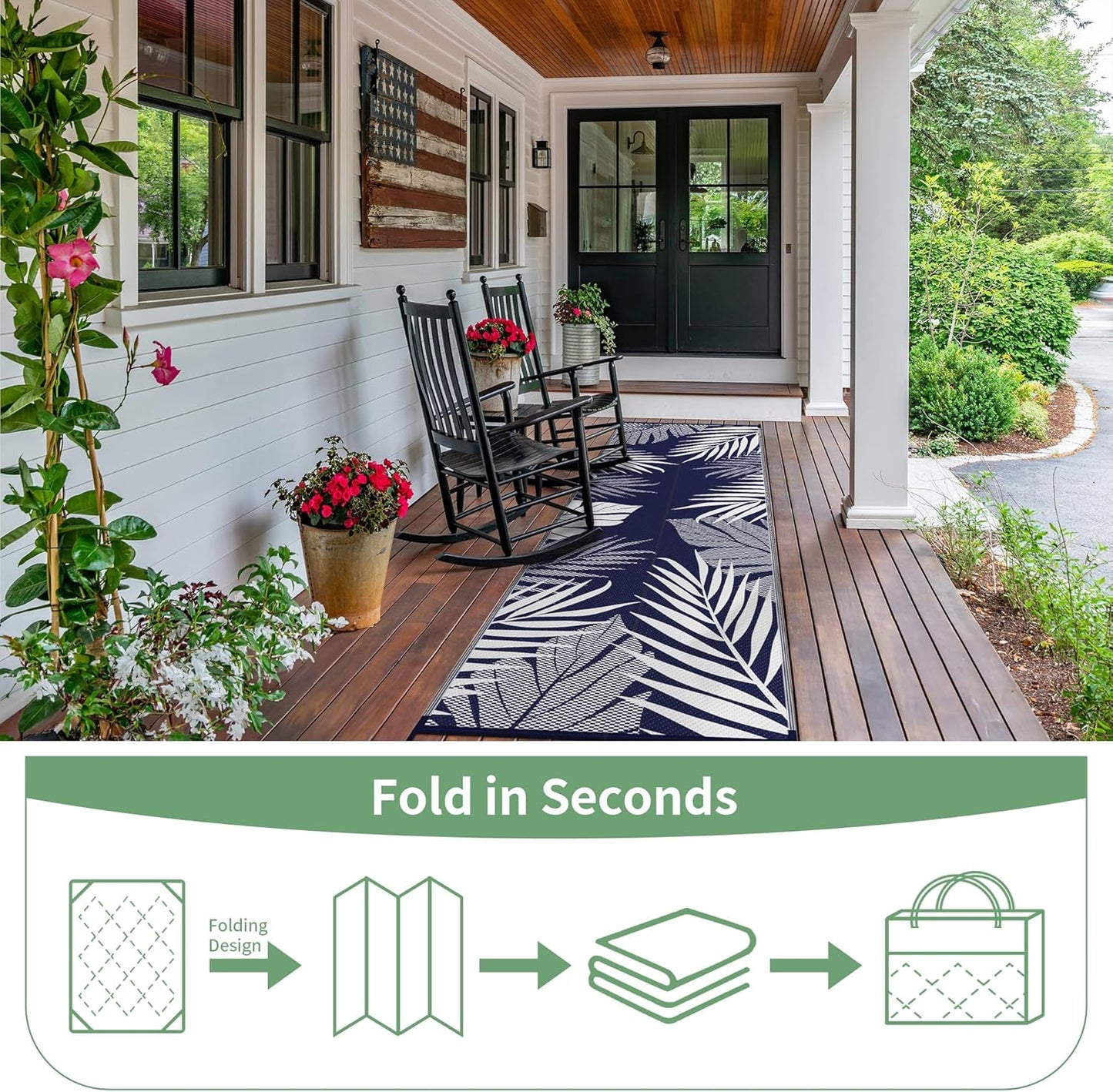 GENIMO Outdoor Rug 2.5' x 8' Waterproof for Patios Clearance, Reversible Outdoor Plastic Straw Camping Rug Carpet, Large Area Rugs Mats for RV, Camper, Deck, Balcony, Porch, Beach, Navy Blue&White