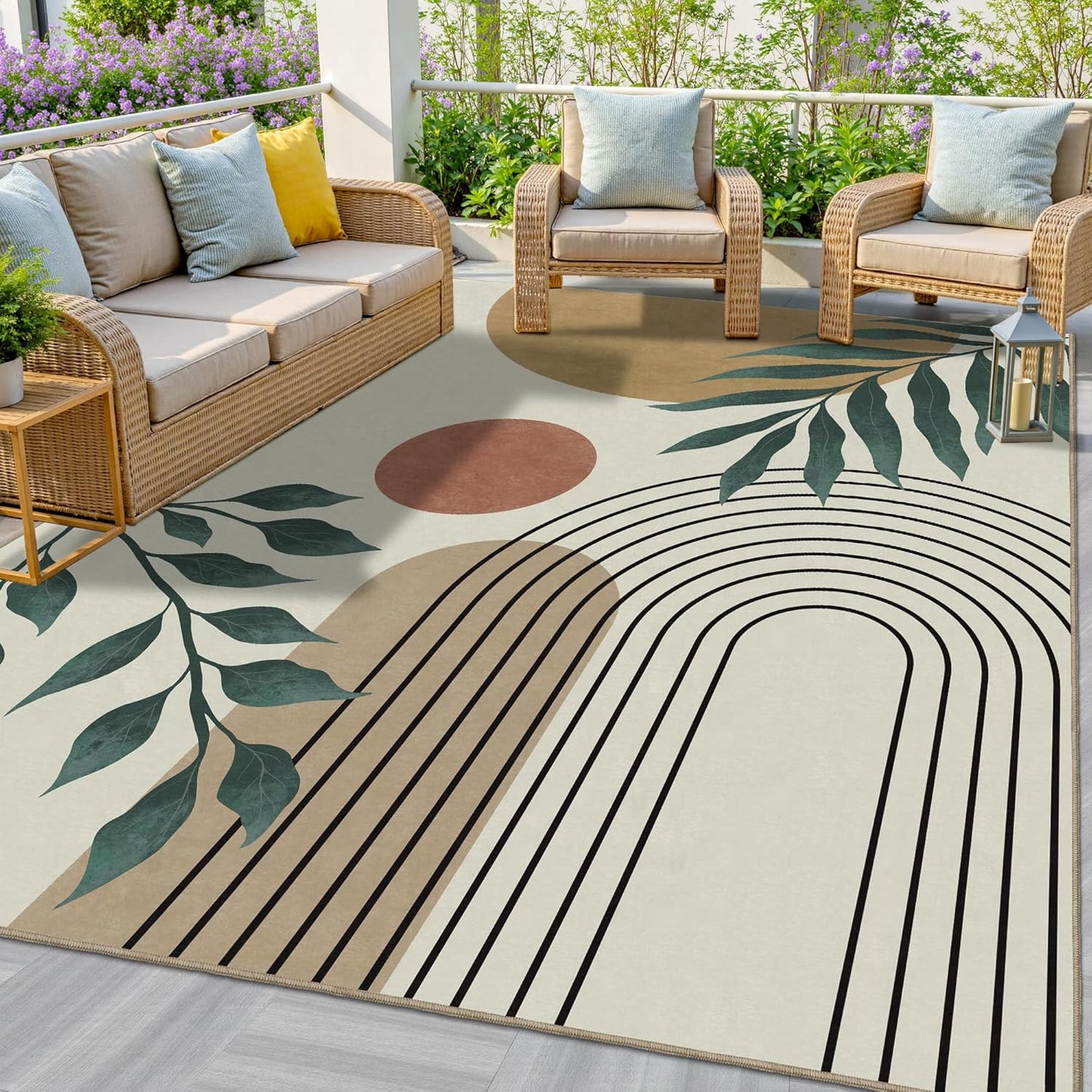 Indoor Outdoor Area Rug, Mid Century Sun Outdoor Patio Rug,Washable Abstract Art Leaves Eucalyptus Runway Rugs Non-Slip Carpet for Camping, Bedroom, Deck(8x10)