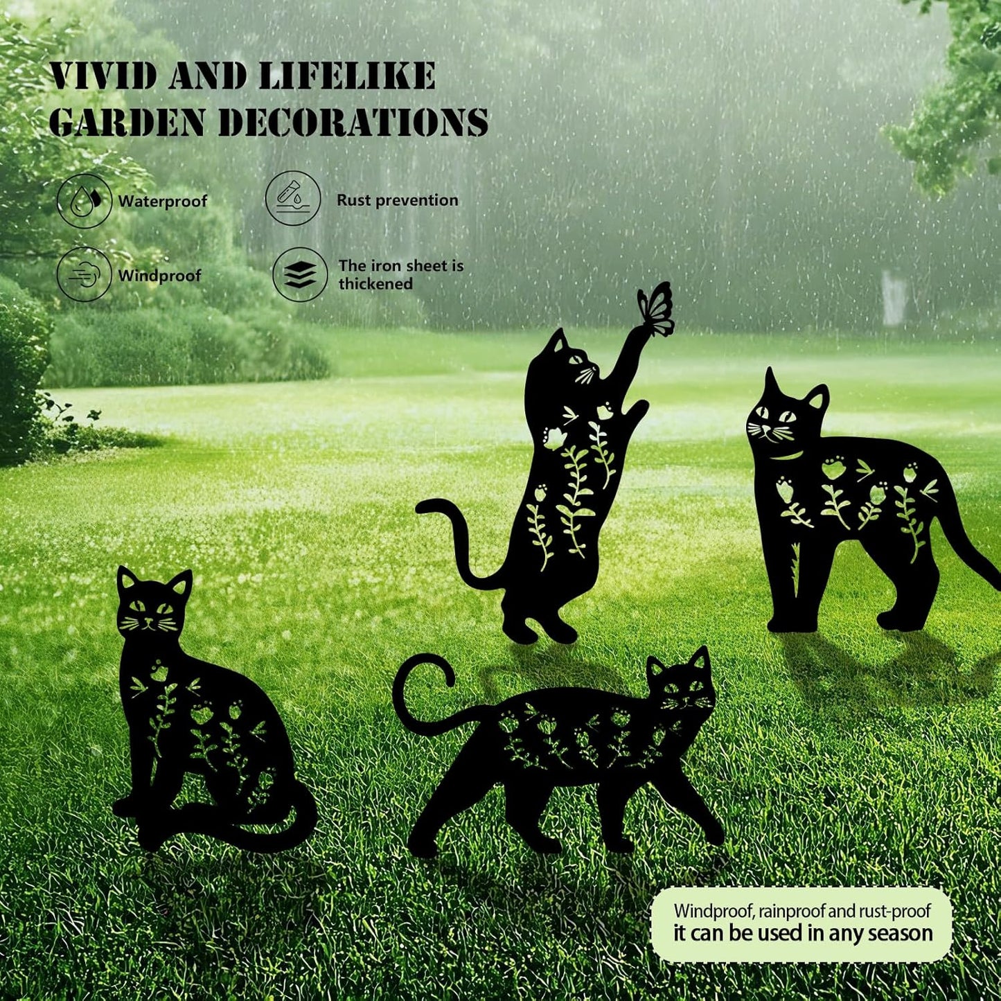 4 Pack Cat Metal Garden Decorative Stakes, Weather Proof Silhouette Statues for Yard, Patio,Outdoor Decor for Cat Lovers and Pet Owners
