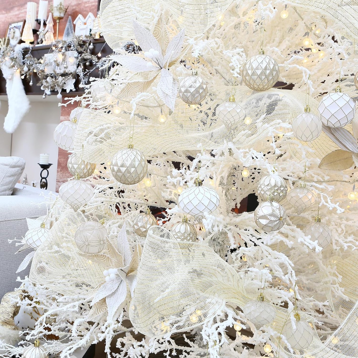 Sea Team 60mm/2.36" Delicate Contrast Color Theme Painting & Glittering Christmas Tree Pendants Decorative Hanging Christmas Baubles Balls Ornaments Set - 30 Pieces (Champagne & Matte)