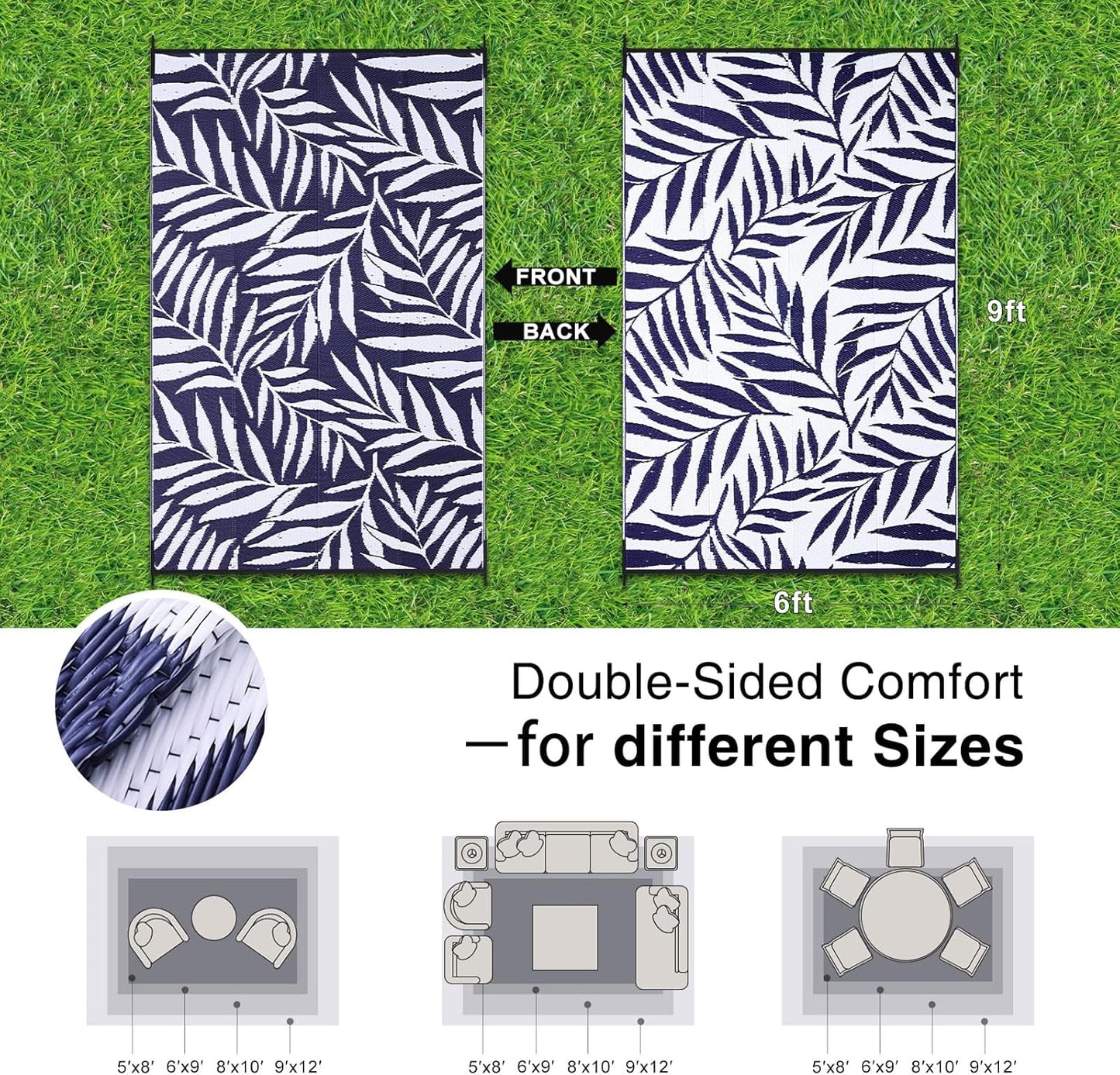 OLANLY Waterproof Outdoor Rug 6x9 ft, Reversible Outdoor Plastic Straw Rug with Leaf Pattern, RV Mat, Indoor Outdoor Carpet for Patio, Camping, Balcony, Deck, Backyard, Navy & White
