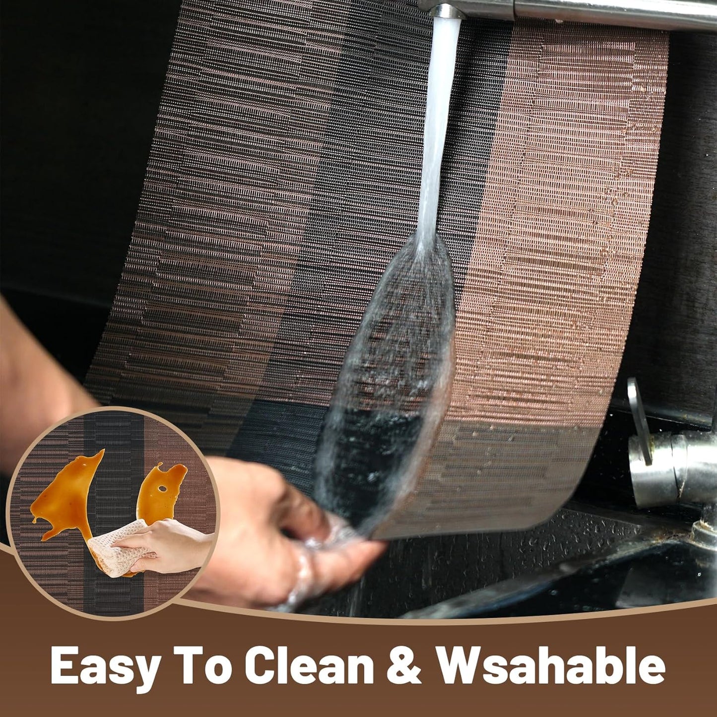 Placemats Set of 8，Non-Slip PVC Weave Table Mats Easy to Clean，Heat Resistant Place Mats for Kitchen Dining Table Decoration Indoor Outdoor，Black Brown