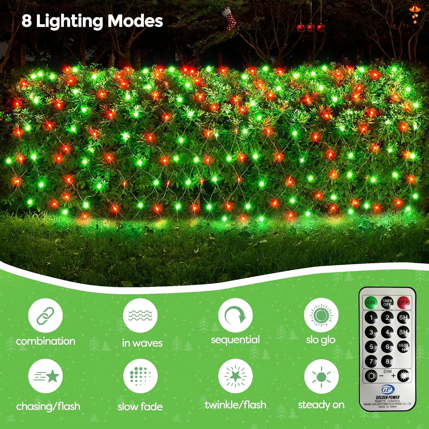 WBao Christmas Lights, 200LED 9.8ft x 6.6ft Christmas Bush Lights, 8 Modes, Timer, End to End Connectable, Waterproof Design for Lawn, Bush, Tree Outdoor Xmas Decorations, Red Green (Clear Wire)