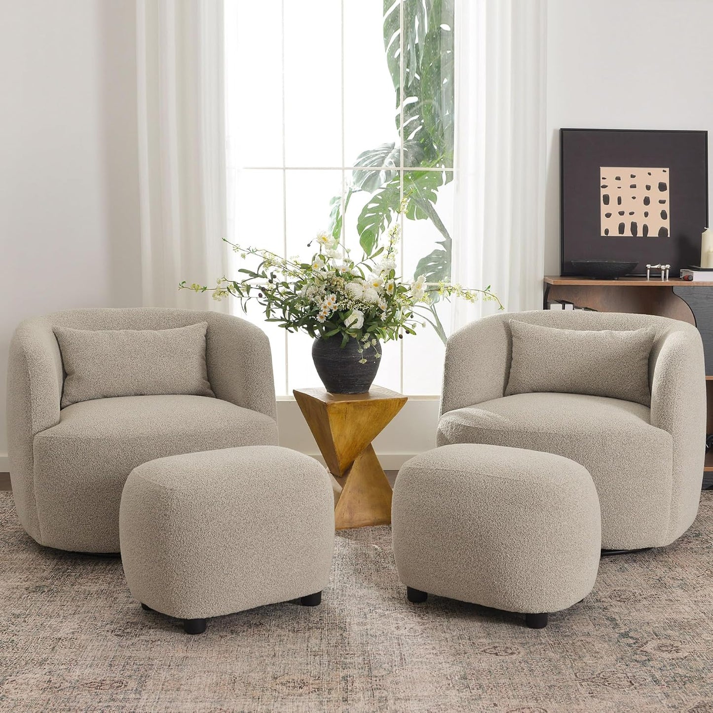 KINWELL 34" Wide 2 Boucle Swivel Barrel Chairs and 2 Ottomans Set, Fully Assembled Sherpa Accent Chairs and Footrest Set, Modern Comfy Armchairs and Footstool for Living Room and Bedroom, Taupe