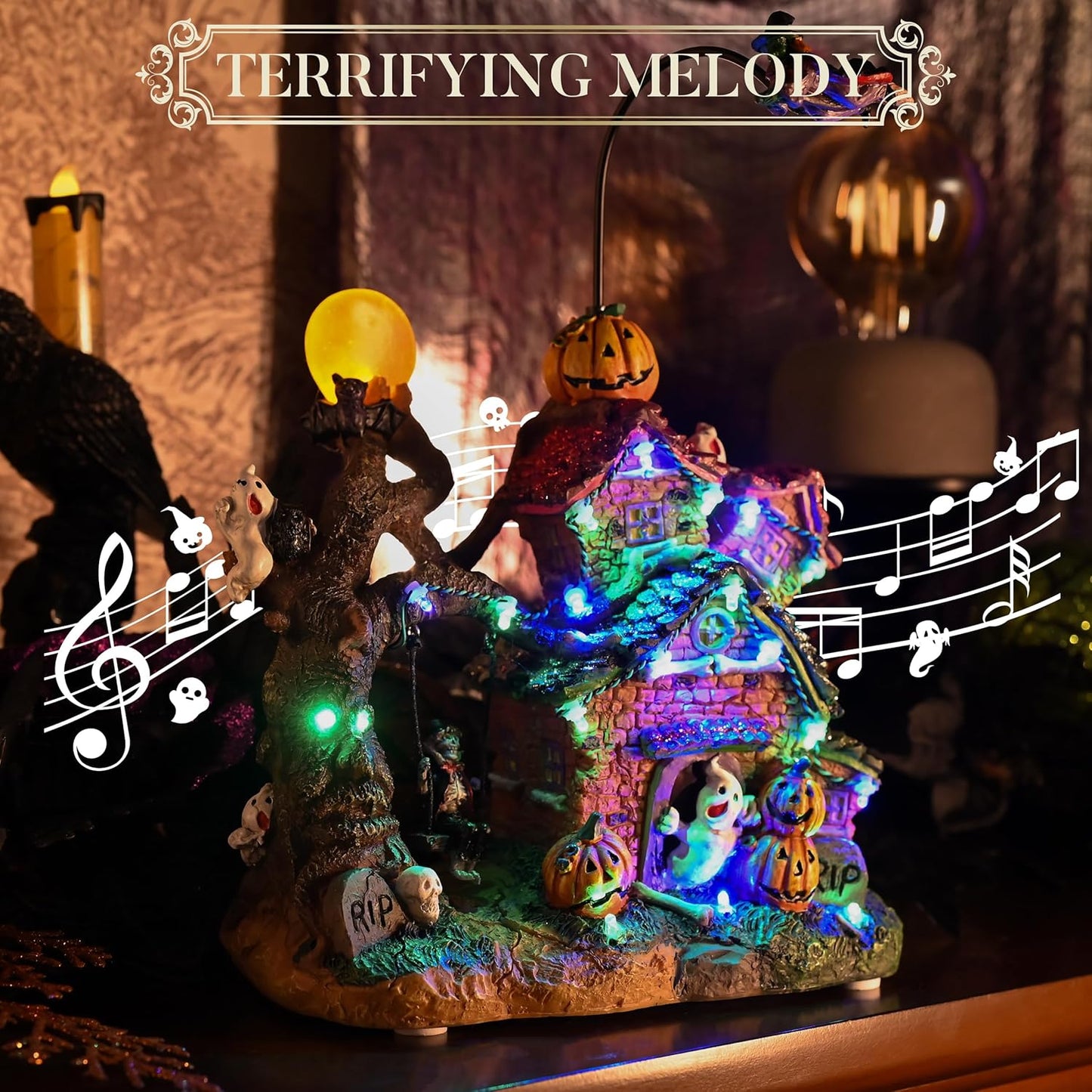 Valery Madelyn Halloween Decorations, Lighted Halloween Village Houses with Music and LED Lights, Resin Spooky Town Flying Witch and Haunted House for Home and Party Table Desk Mantel, 12 Inch