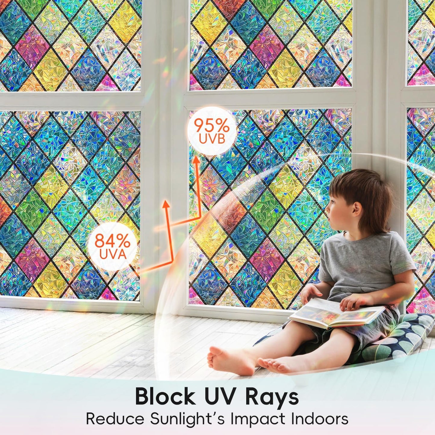 DUOFIRE Stained Glass Window Film Decorative Window Privacy Film Rainbow Diamond Grid Colorful Lattice Windows Cling Anti UV Static Cling Reusable Windows Decal for Home 23.6×78.7 inch