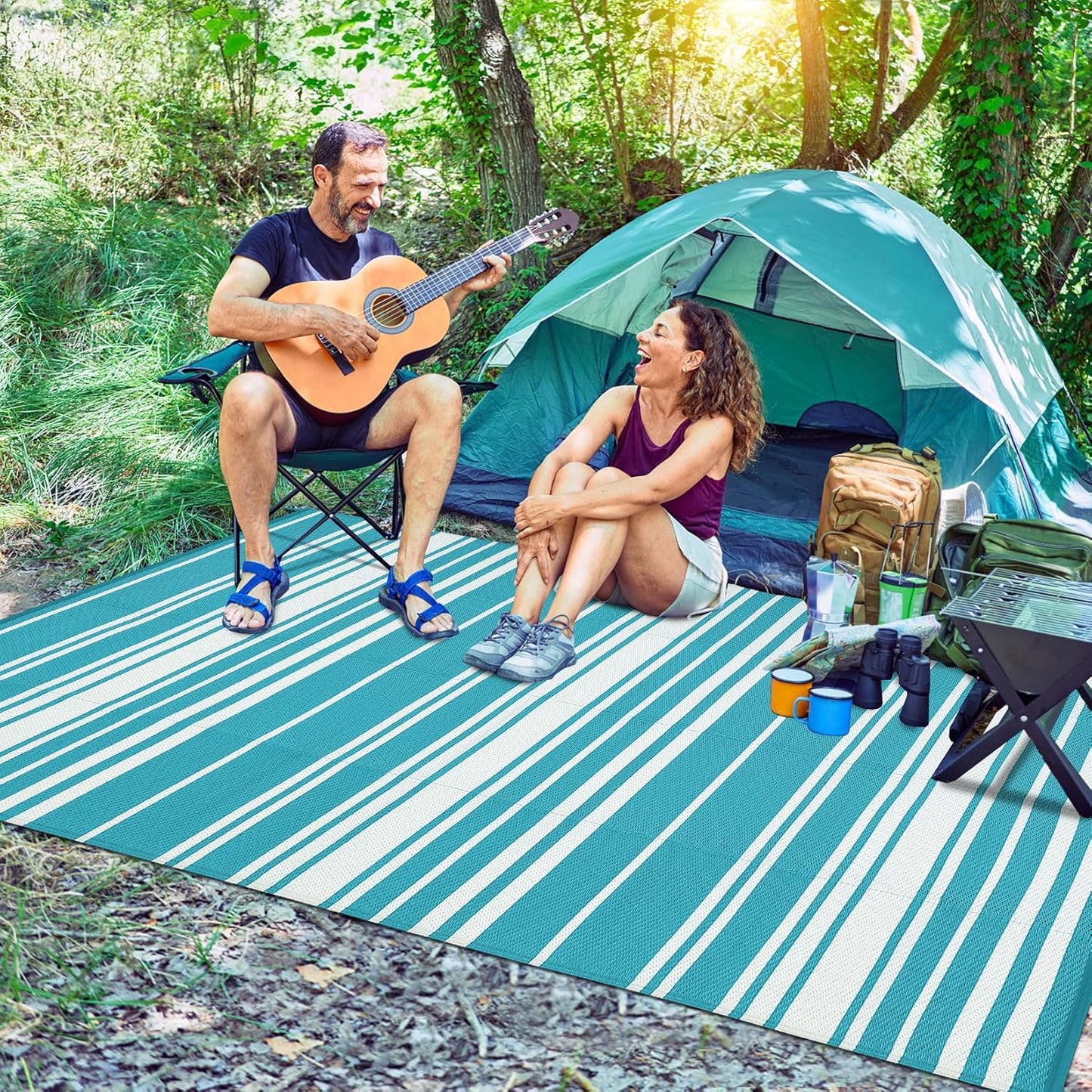 Outdoor Plastic Straw Rug 9x18 Waterproof Outside Rug, Large Modern Striped Reversible Floor Mats, Foldable & Lightweight Camping Carpet for Patio, Porch, Deck, Backyard, Balcony, Light Blue