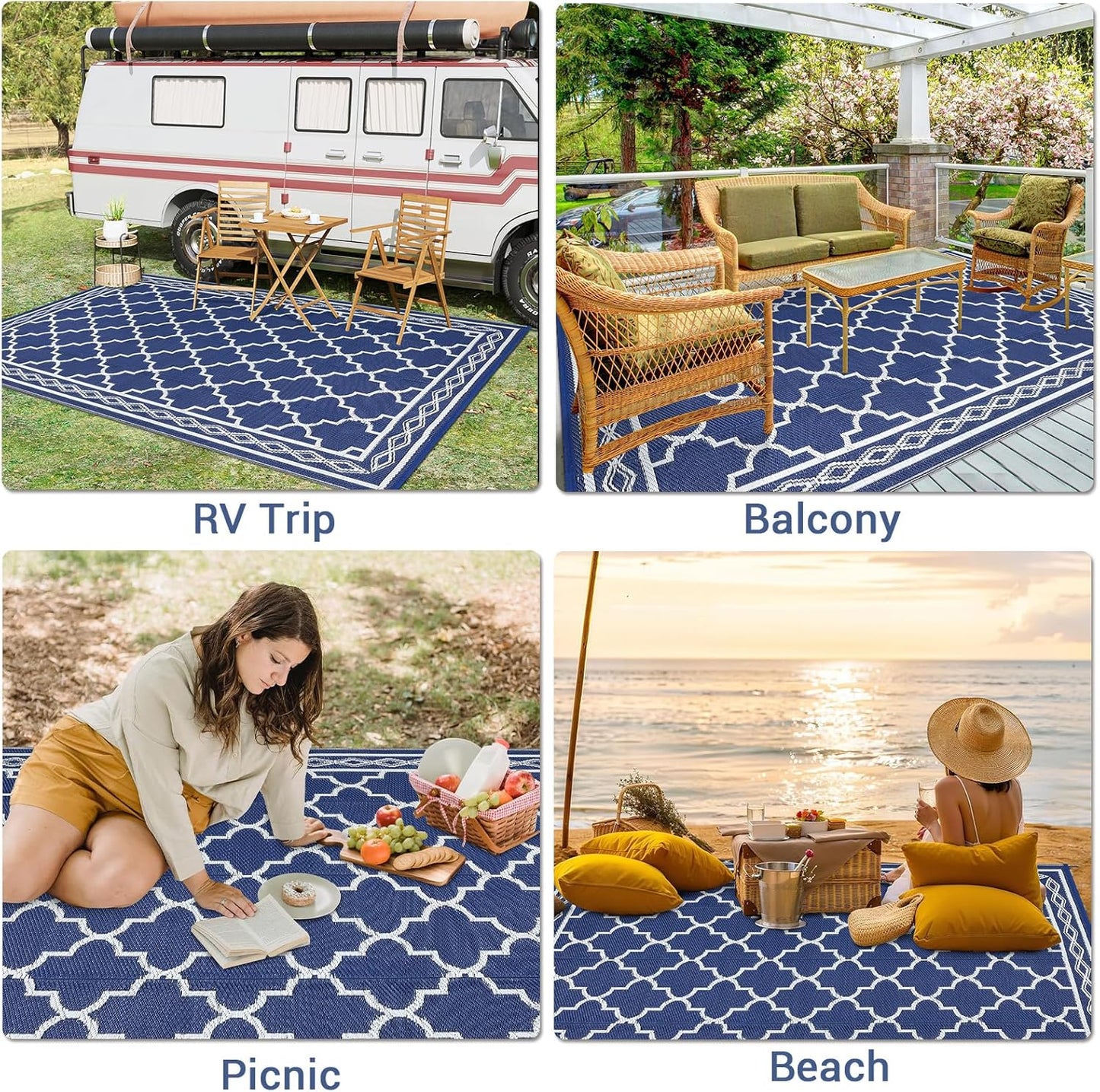 GAOMON Outdoor Rugs Patio Camping Waterproof Rug 6'x9' Plastic Straw Patio Rug Portable for Campers, Outside RVs Mat for Patios Clearance, Backyard Porch, Balcony, Navy/White(Geometric)