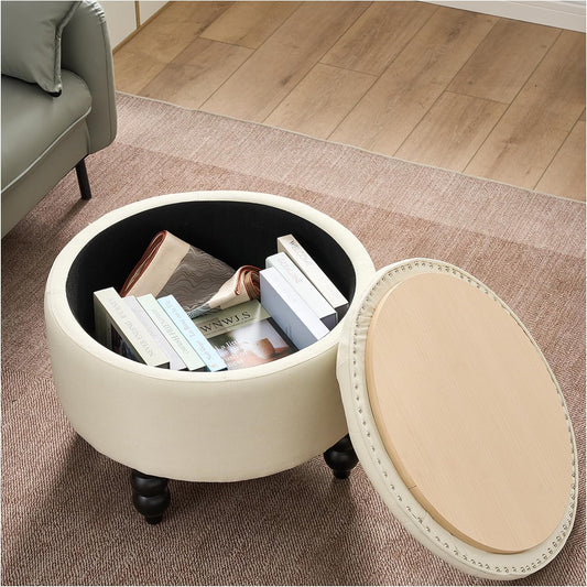 Fabric Round Ottoman with Storage, Upholstered Tufted Storage Footstool, Modern Wooden Coffee Table for Living Room, Bedroom, Beige