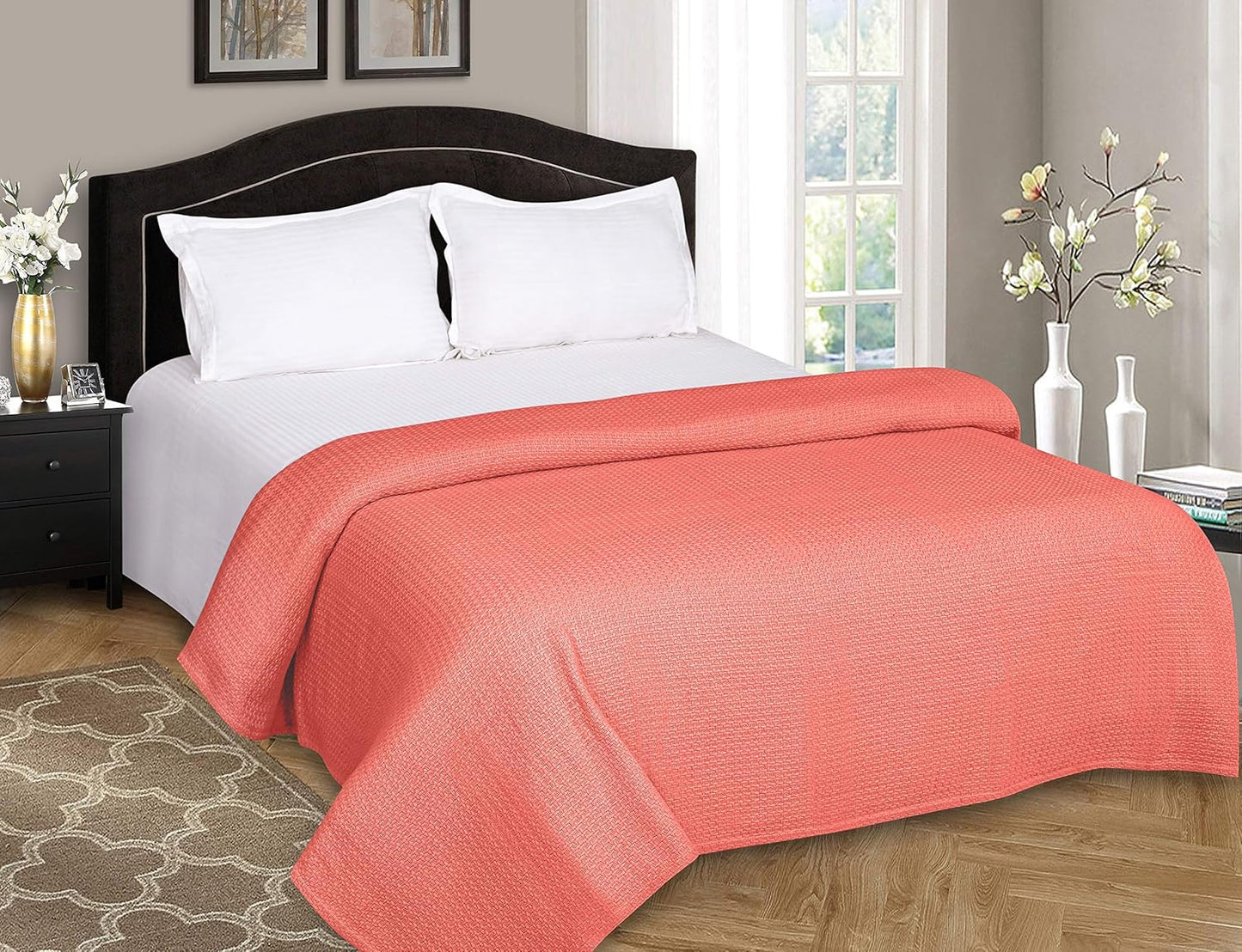 BELIZZI HOME 100% Cotton Bed Blanket, Breathable Bed Blanket Twin Size, Cotton Thermal Blankets Twin, Perfect for Layering Any Bed for All Season, Coral