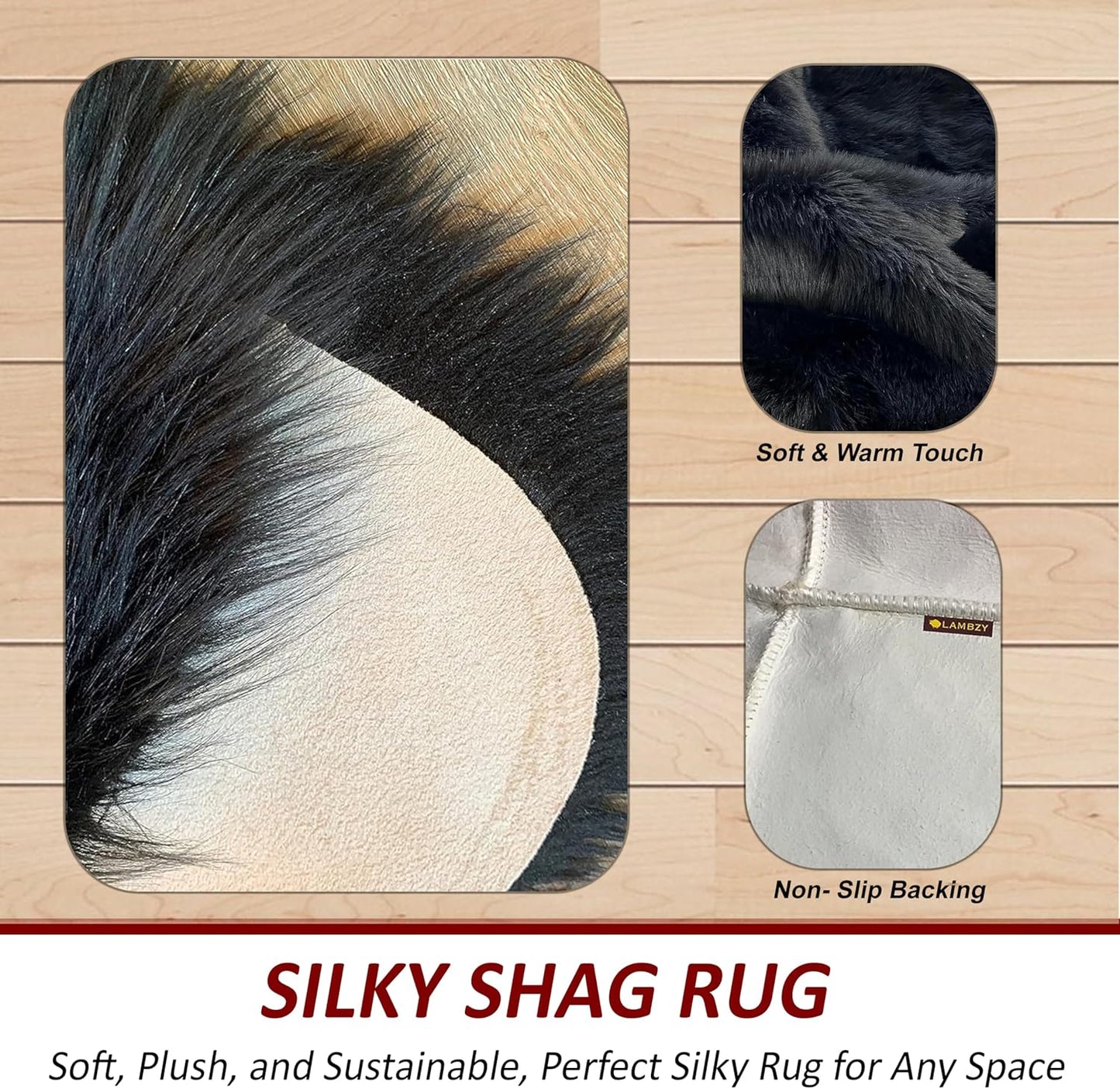 LAMBZY Faux Sheepskin Hypoallergenic Free Shape Silky Shag Rug, Luxury Shaggy Silky Plush Carpet for Bedrooms Rugs Living Kids Room Sofa Floor Rugs (Sexto 6 Pelts 6'x6', 180x180cm, Black)