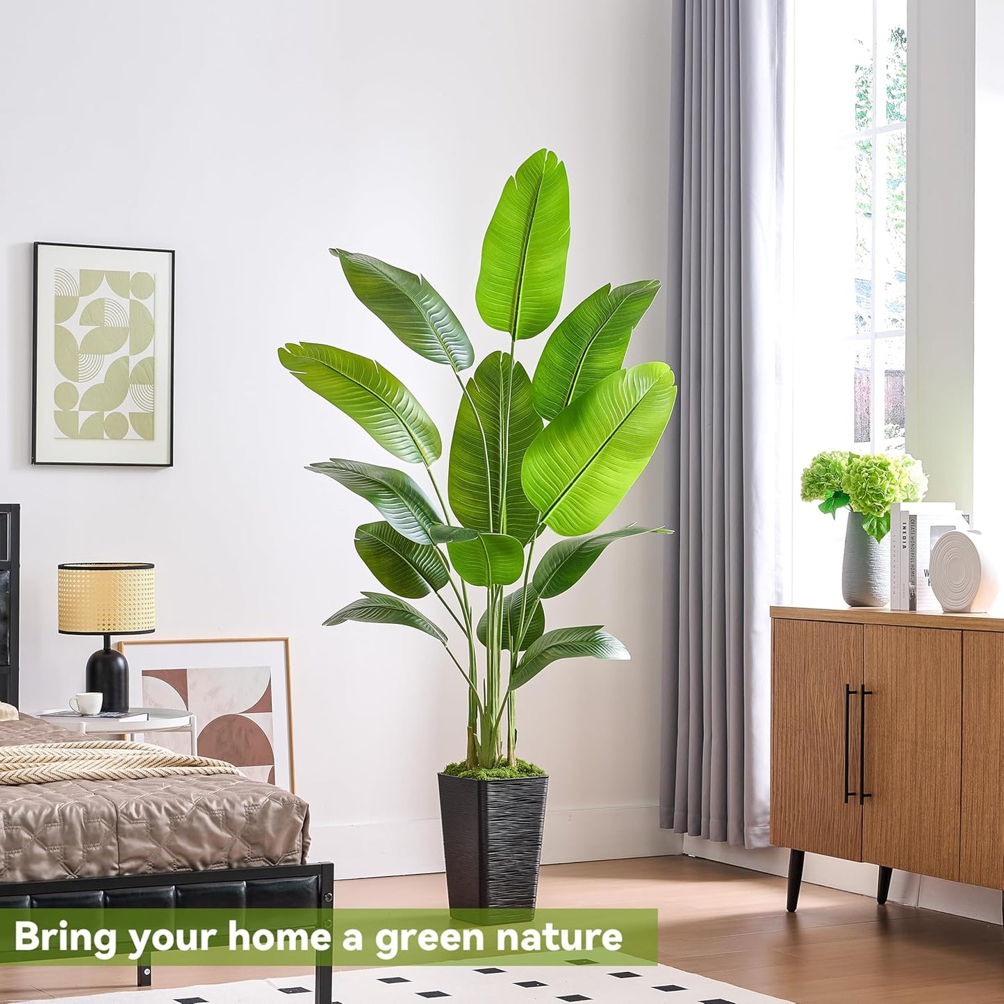 Lifelike Bird of Paradise Silk Artificial Plant Faux Banana Leaf Tree for Home Decor - Perfect Indoor Floor Plant with 11 Trunks (1, White Tall Planter, 6.6 FT)