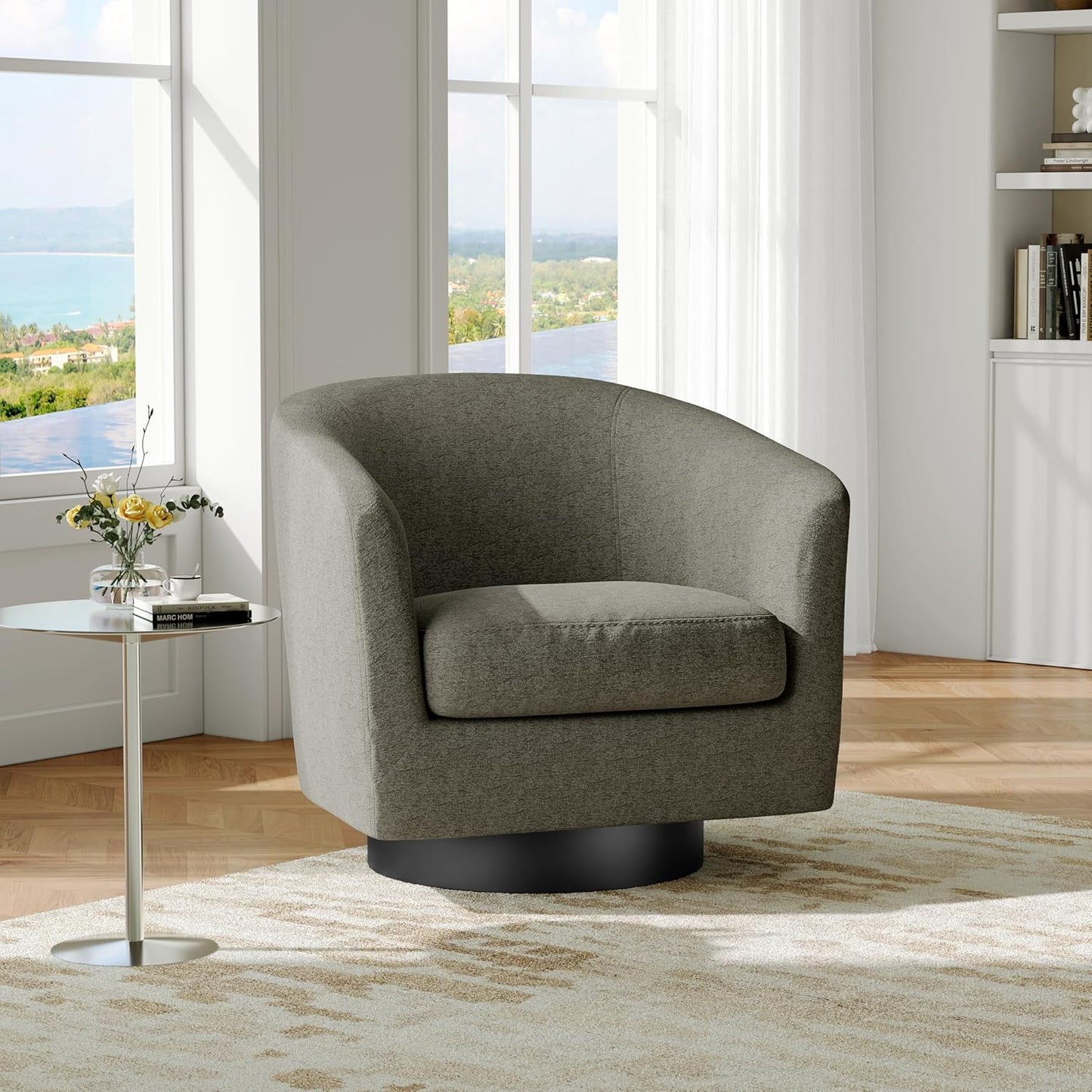 Swivel Barrel Accent Chair, Modern Round Chenille Fabric Arm Chair for Living Room, Bedroom, Comfy Club Reading Chairs for Adults（Chenille Fabric, Tan, Set of 1