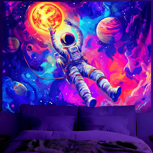 BVBOX Astronaut Space Blacklight Tapestry 79"x59", UV Reactive Floating Astronaut Universe Galaxy Planet Glow in Dark Tapestries, Black Light Neon Upright Poster Wall Hanging Backdrop Decor for Bedroom Living Room