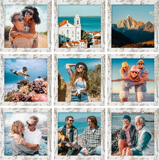 Vittanly 8x8 Picture Frames Set of 9, Shatter Resistant Plexiglass, Display 4x4 Pictures with Mat or 8x8 without Mat, Photo Frames for Wall Mount, Engineered Wood, Distressed White