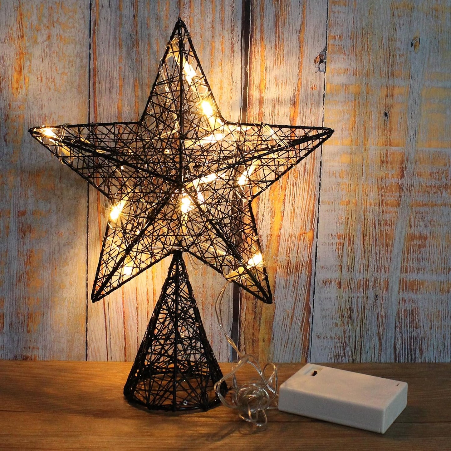 CVHOMEDECO. Black Tree Top Star with Warm White LED Lights and Timer for Christmas Tree Toppper Ornaments and Holiday Seasonal Décor, 8 x 10 Inch