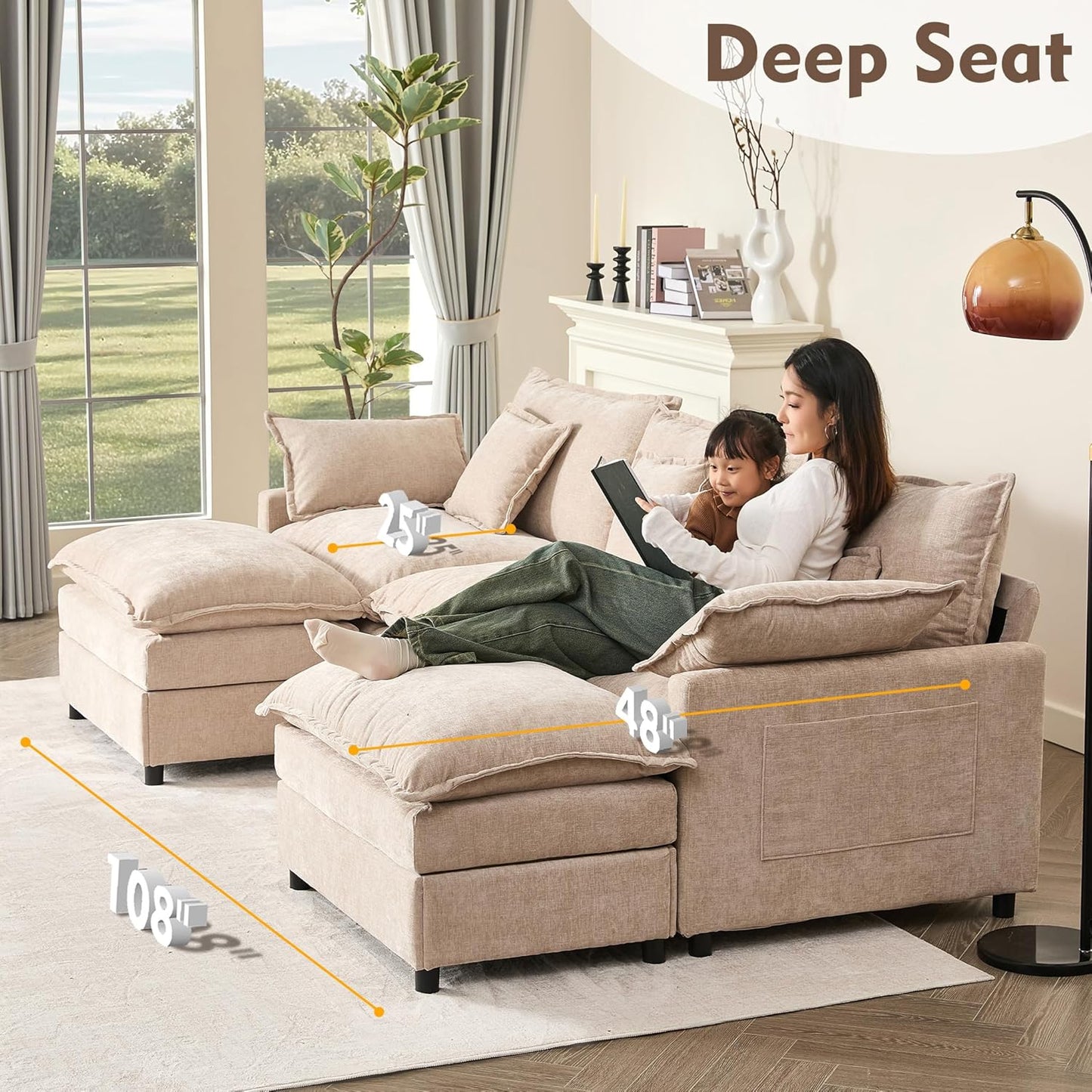 108" U Shaped Couch, Modular Sectional Sofa, 3-Seater Comfy Cloud Couch with Movable Ottoman, Deep Seat Couches for Living Room, Chenille, Flat White