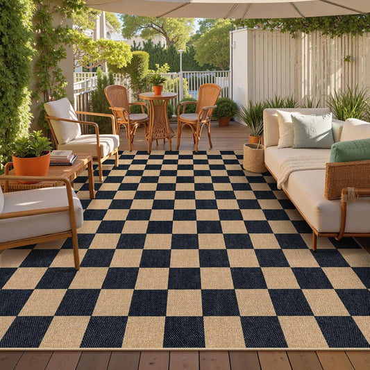 Lahome Checkered Easy Jute Rug, 9x12 Area Rug for Living Room Indoor Outdoor Carpet, Farmhouse Neutral Non Slip Non Shedding Stain Resistance Floor Carpet for Patio Dining Room Backyard
