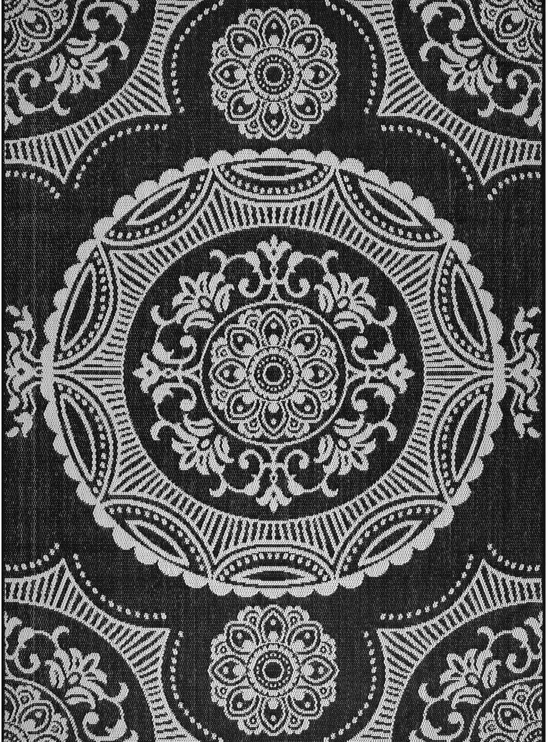 Medallion Outdoor Rug 9x12 Washable Outside Carpet for Indoor Patio Porch Waterproof Easy Cleaning Non Shedding Area Rugs Black 9 x 12