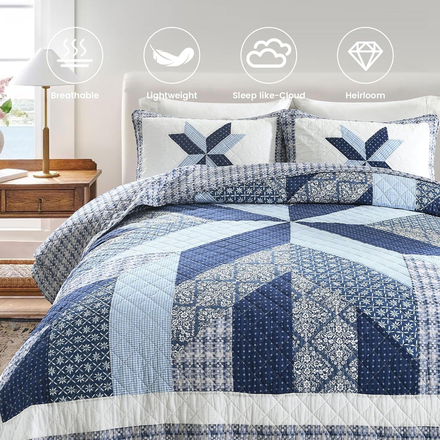 Secgo Handmade Quilted 100% Cotton Queen Comforter Set for Bed - 100% Cotton Quilts Queen Size, Black Bedspreads (90 * 98 Inch) with 2 Pillow Shams, Patchwork Reversible Lightweight Bedding