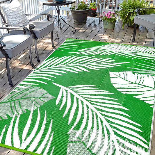 Waterproof Outdoor Rug 8x10ft, Green Leaf Reversible Plastic Straw Mat for Patio RV Deck Porch Backyard Balcony Camping Picnic Beach Indoor Outdoor Carpet, Green&White