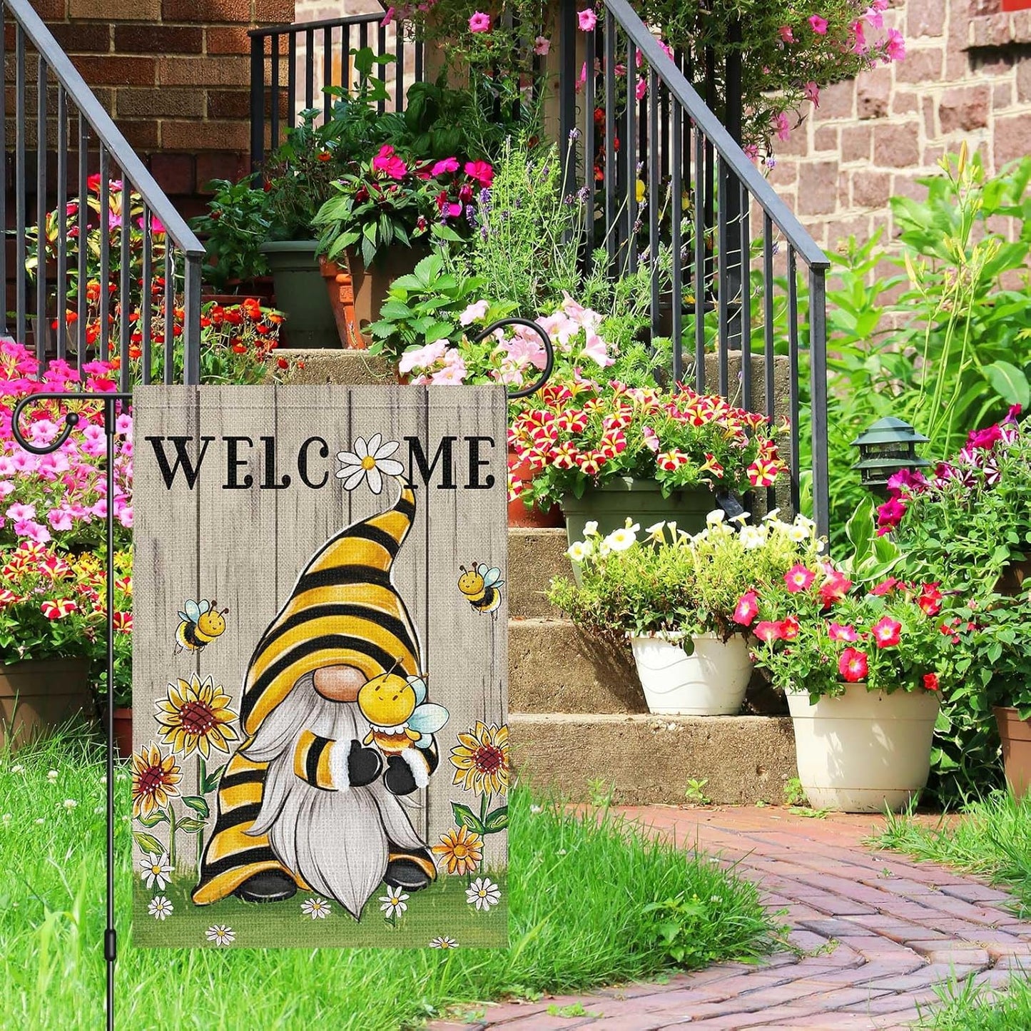 Welcome Summer Gnome Garden Flag Spring Summer Bee Sunflower Yard Flag 12x18 Double Sided Burlap Daisy House Flag for Rustic Seasonal Outside Outdoor House Decoration (ONLY FLAG)