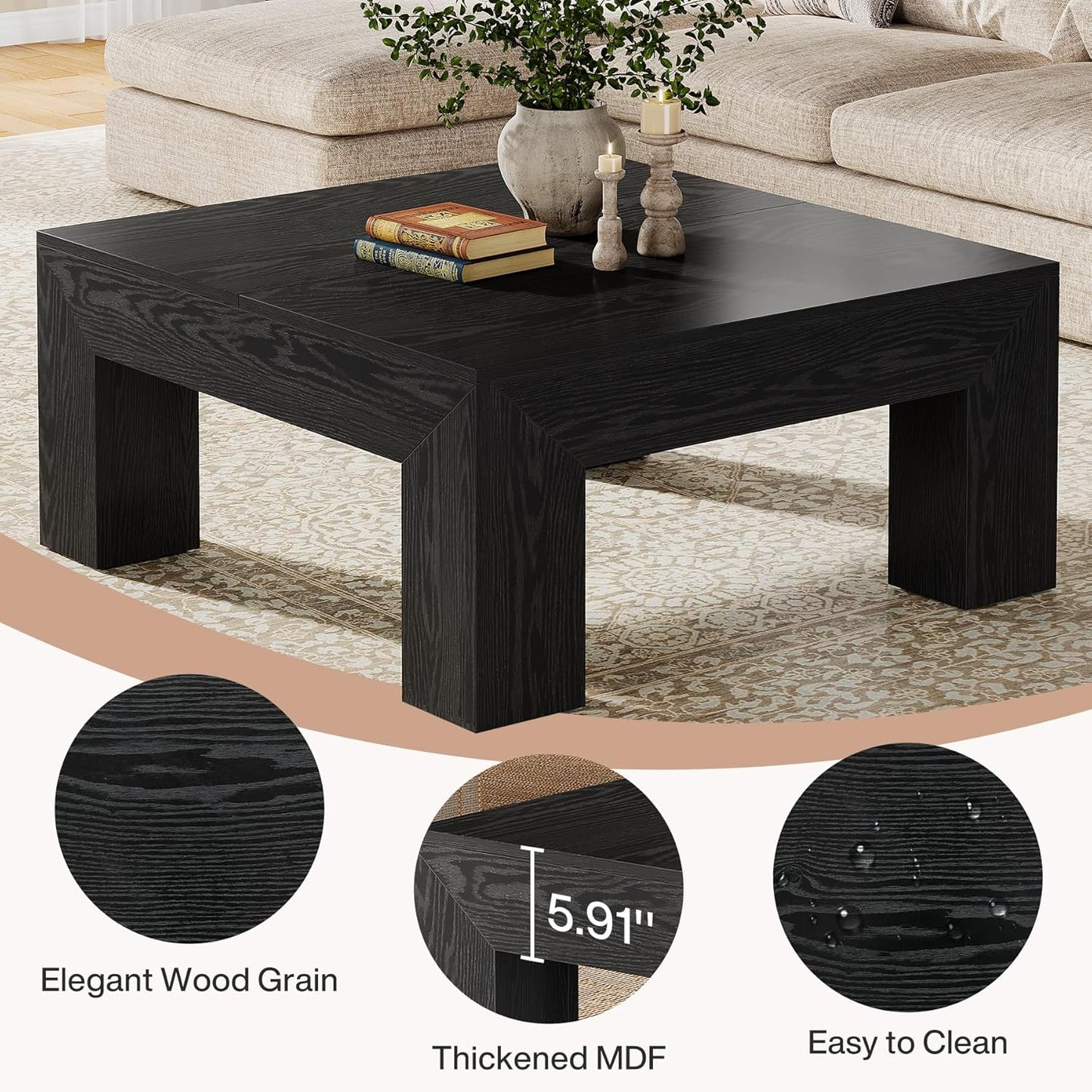 Tribesigns 39.4-Inch Square Coffee Table for Living Room, Farmhouse All MDF Accent Center Cocktail Table with Sturdy Wooden Legs, Easy Assembly, Black