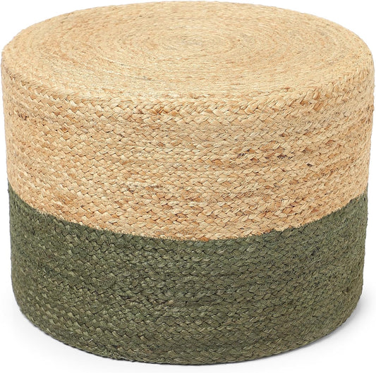 REDEARTH · Cylindrical Pouf Foot Stool Ottoman - Jute Braided Pouffe Poof Accent Sitting Footrest for Living Room, Bedroom, Nursery, Patio, Lounge & Other Rooms (Natural Olive, 18"x18"x14")