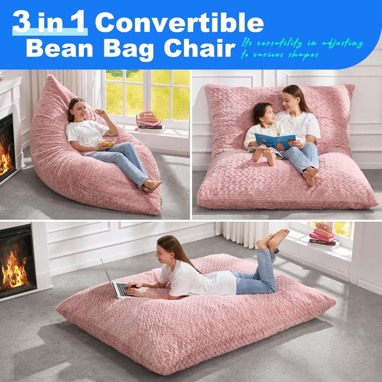Hobestluk 3 in 1 Bean Bag Chair Giant Bean Bag Chairs for Adults with Chevron Plush Fur Cover Convertible Bean Bag Floor Cushion with Machine Washable Cover for Living Room (Chevron Plush Pink)
