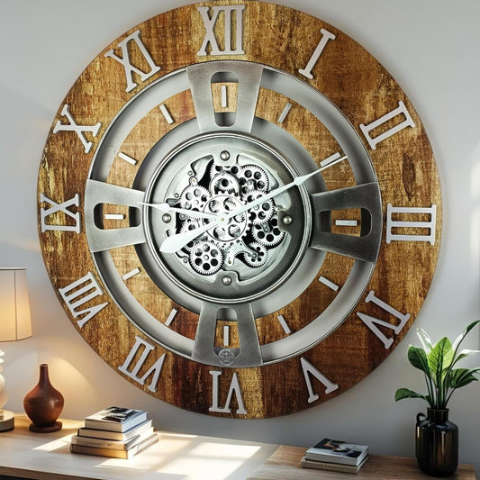 The Gears Clock Real Moving Gear Wall Clock England Line (Vintage Brown, 24 inches (60 cm))